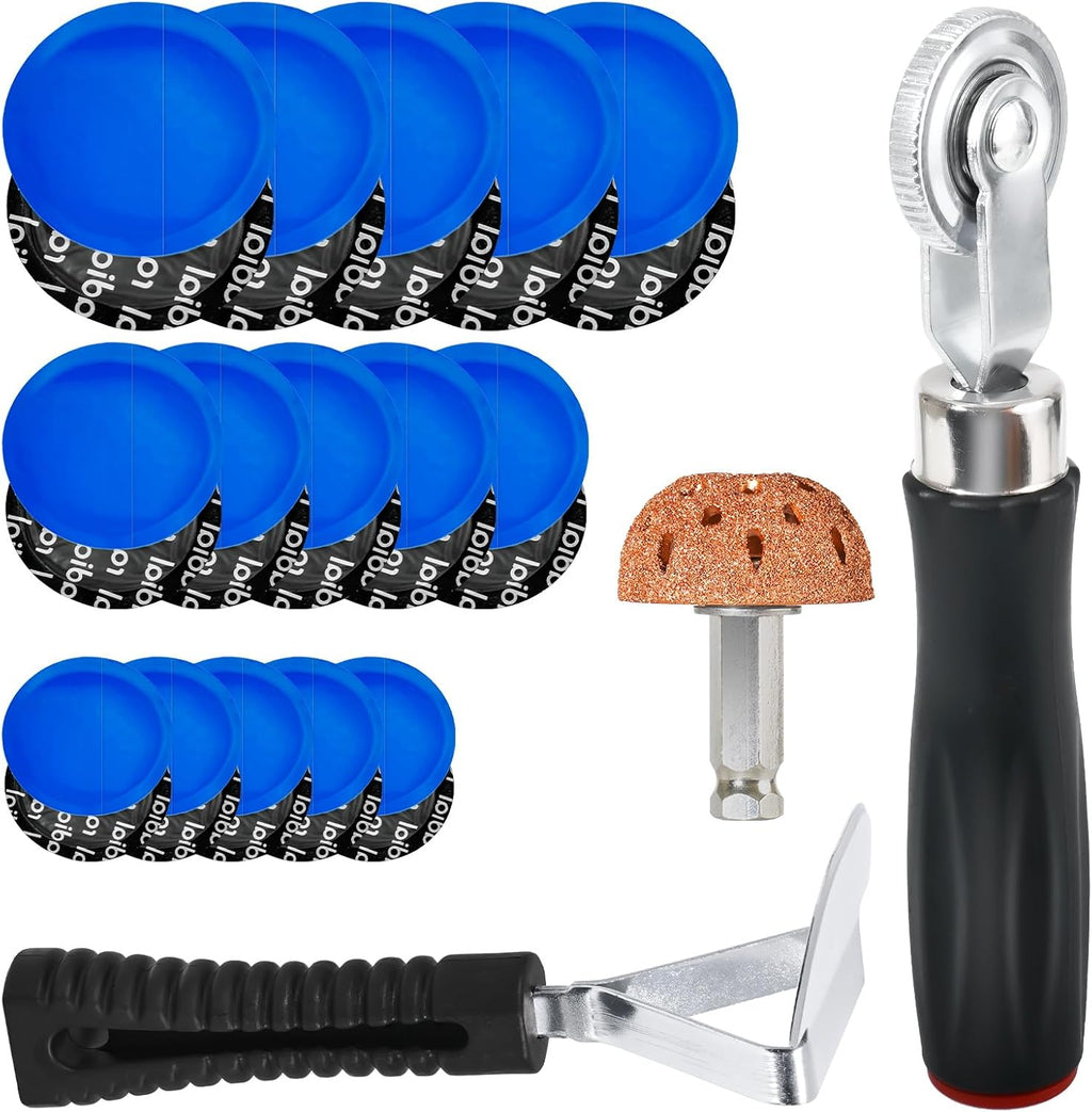 33PCS Tire Repair Patch Tools Tire Patch Kit, 30PCS Tire Patches(32mm/ 42mm/ 58mm with Tire Patch Roller, Tire Repair Buffing Wheel, Tire Inner Liner Scraper for Car Motorcycle Bike