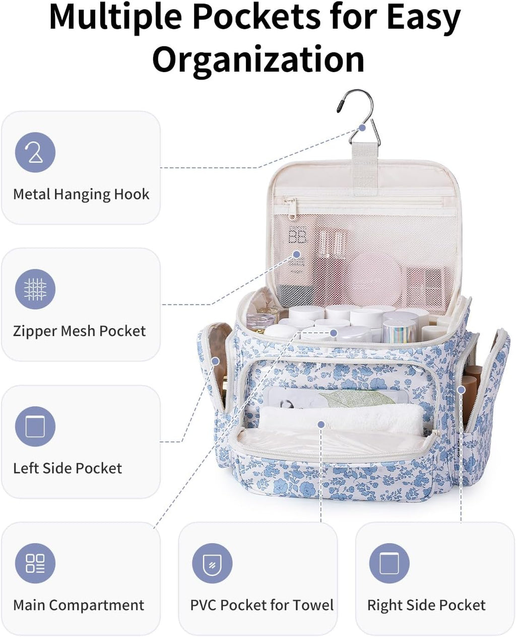 Narwey Hanging Travel Toiletry Bag for Women, Large Makeup Cosmetic Bag