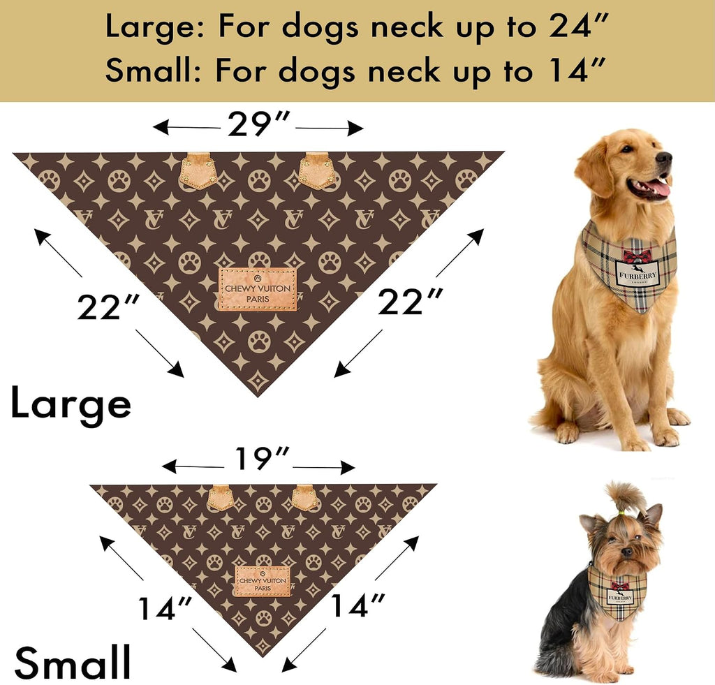 Chewy Vuiton Dog Bandana Designer Fashion Scarf Kerchief for Small Medium and Large Dogs, Funny Parody Gift for Girl or Boy Dog, Soft Durable Fabric, Adjustable Tie-On Style Triangle