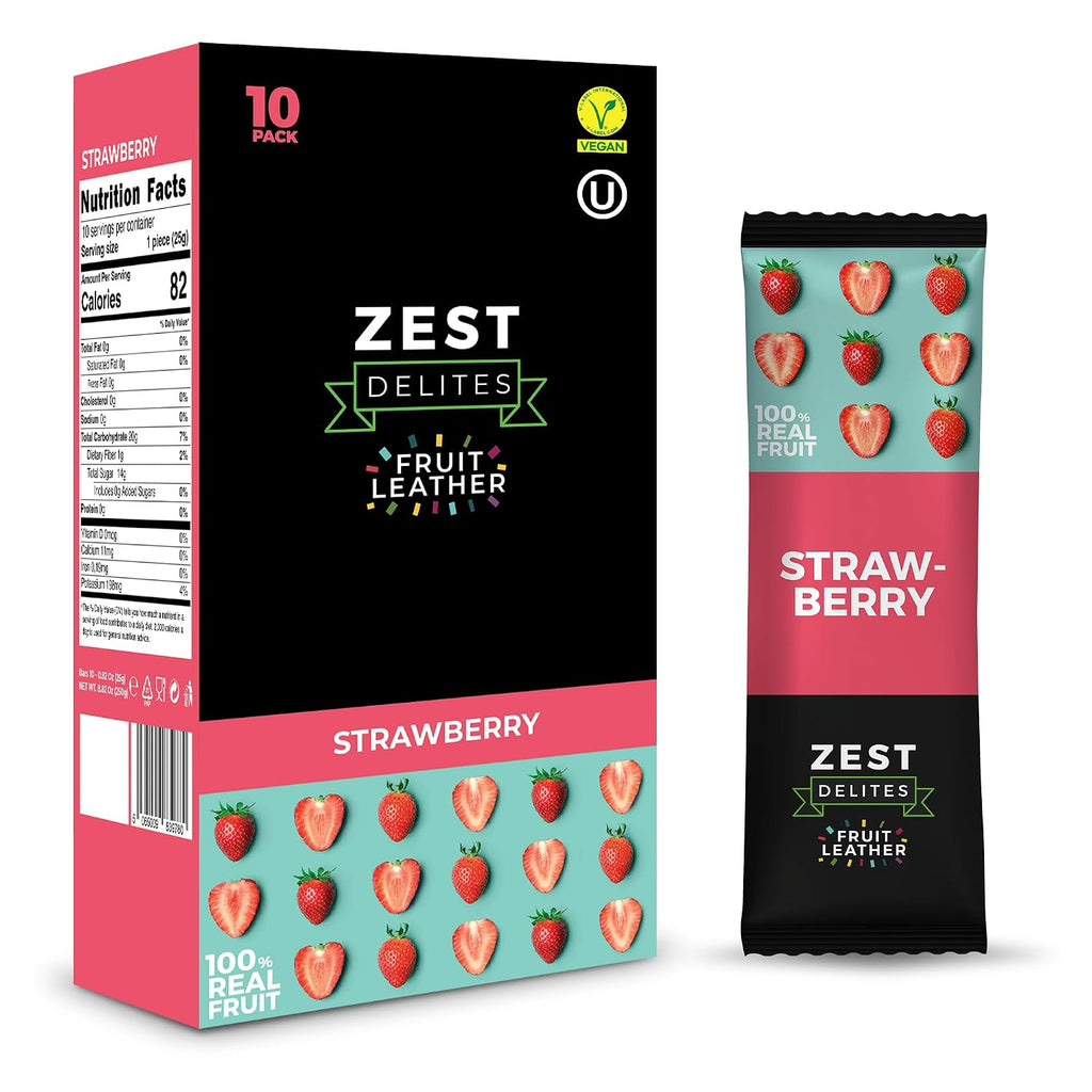 Fruit Leather by Zest Delites, Strawberry Healthy Fruit Snacks, 10 Pack Box