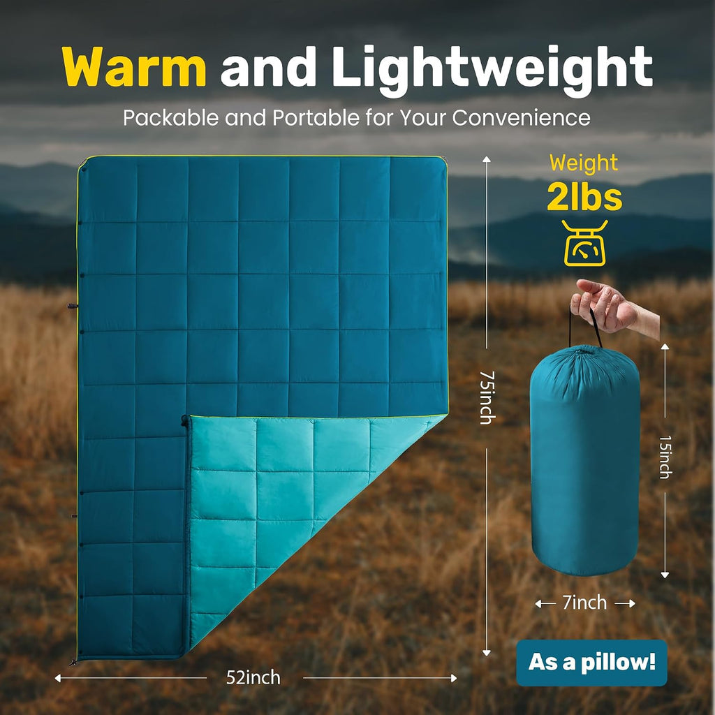 UNIKOME Puffy Camping Blanket,Packable Outdoor Quilt, 75"×52", Lake Blue