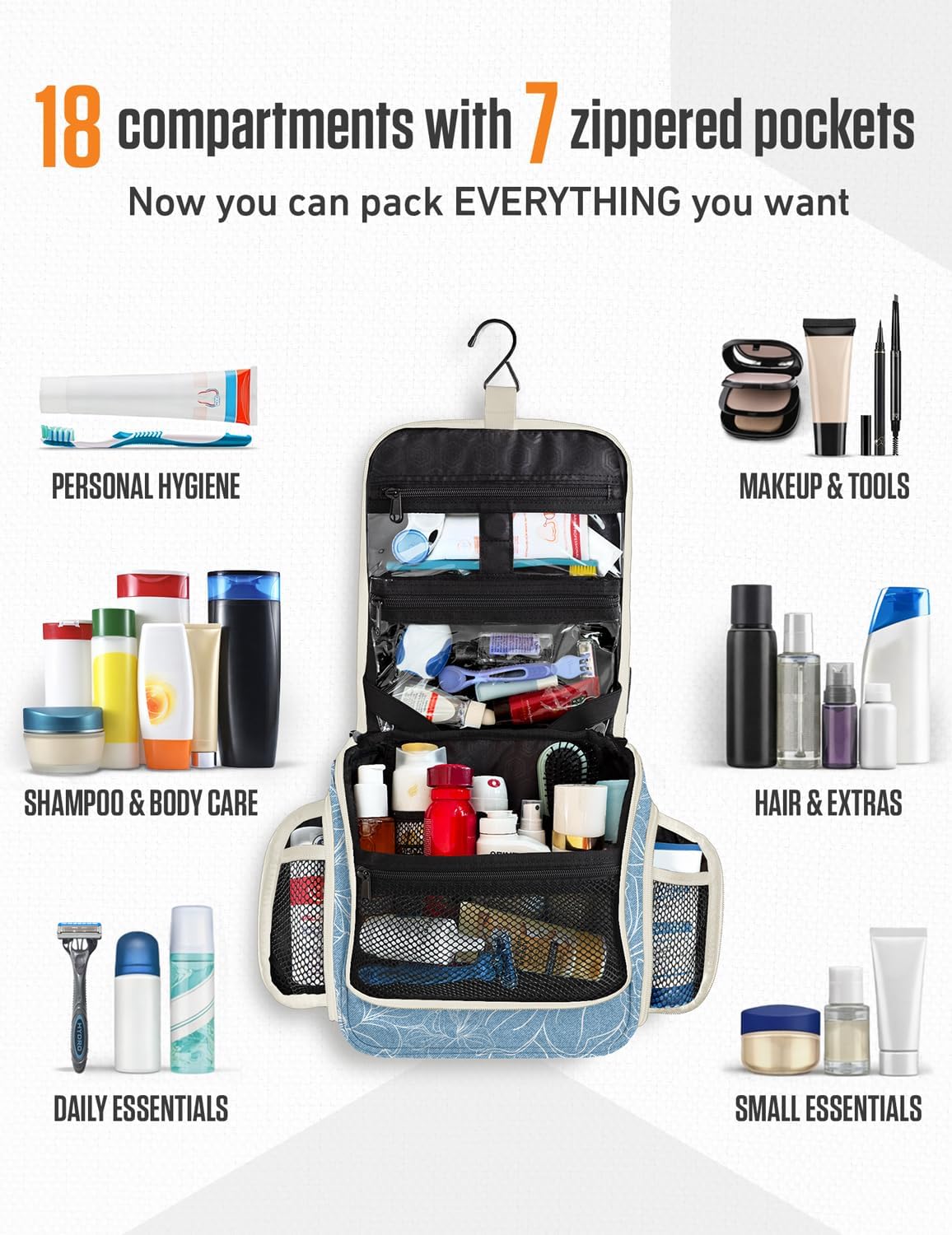 VENTURE 4TH Hanging Travel Toiletry Bag, 17 Compartments - Blue Flowers