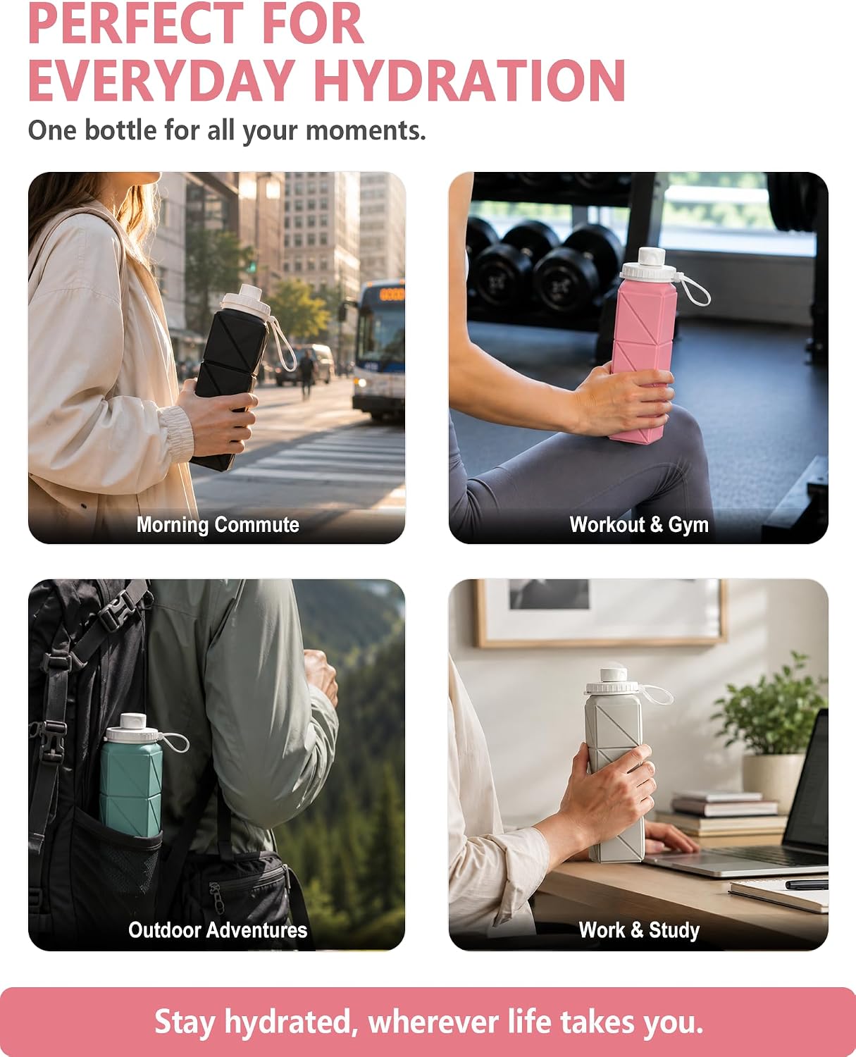 BEAUTAIL Collapsible Water Bottles 21oz/610mL, Silicone Travel Water Bottle
