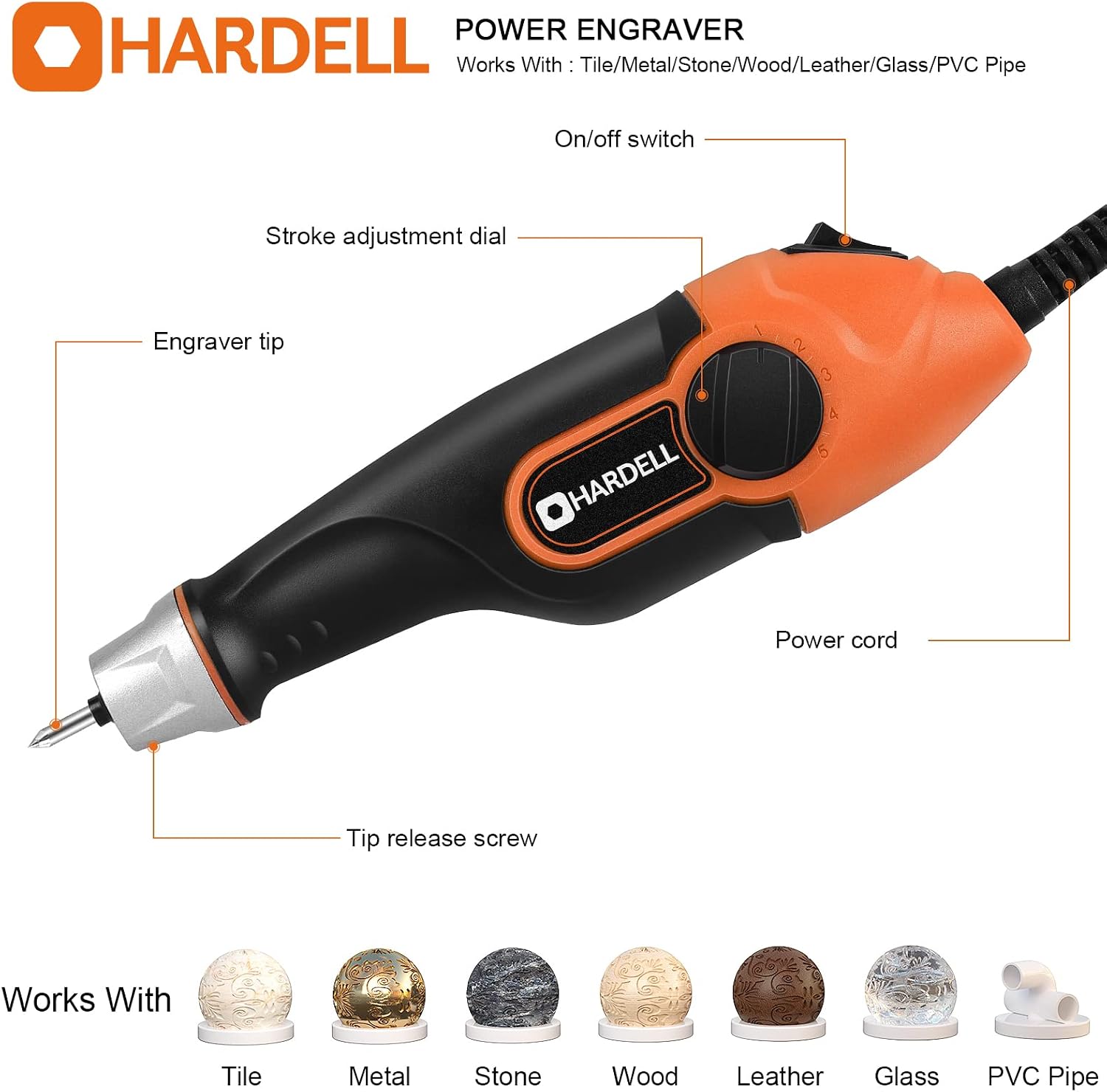 HARDELL 24W Engraving Pen, 5-Speed, Tungsten Carbide Bits, Soft Handle