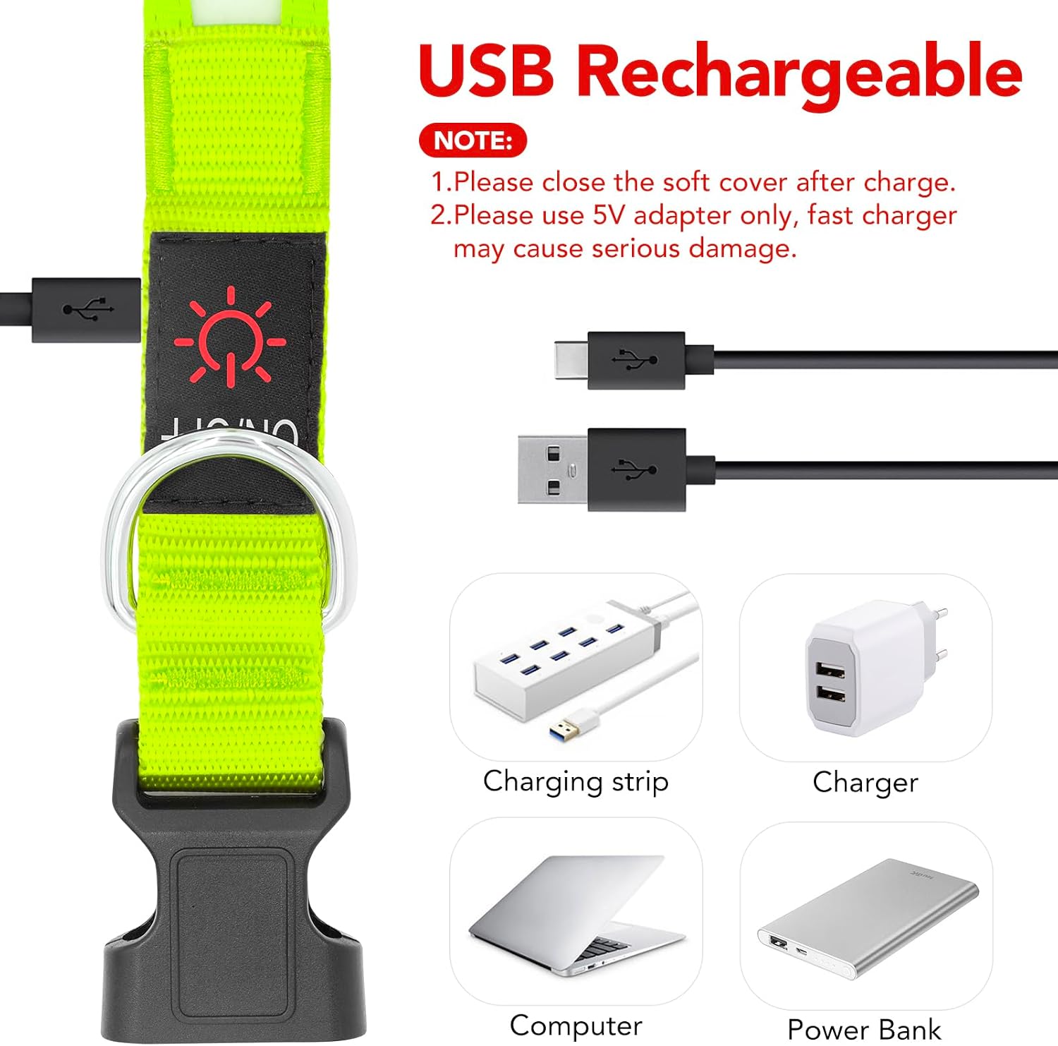 Vizpet LED Dog Collar, Light Up Dog Collar Adjustable USB Rechargeable Super Bright Safety Light Glowing Collars for Dogs(X-Large,Green)