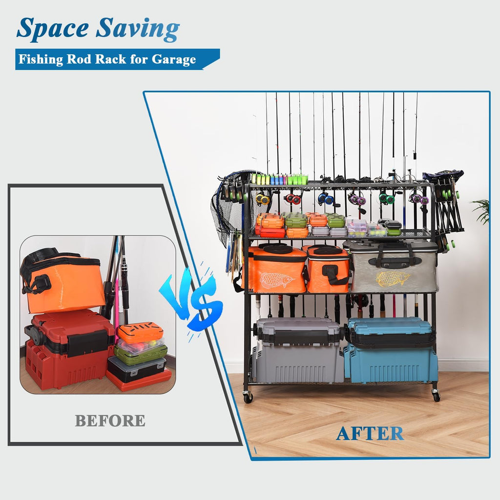 Fishing Rod Holder for Garage, Fishing Pole Holders for 15 Rods 38 * 17", Fishing Rod Rack Basement, Fishing Pole Rack Metal Black with Big Wheels, 4-Tier