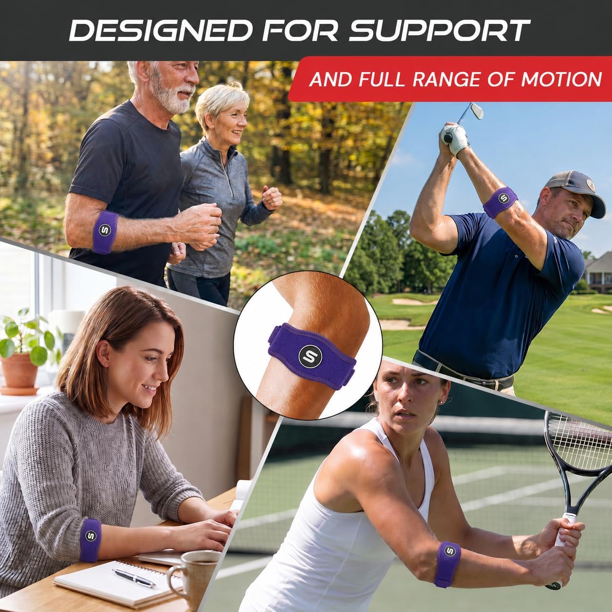 Sleeve Stars Tennis Elbow Brace for Men & Women, Elbow Brace for Tendonitis, Tennis Elbow Strap, Golfers Elbow Brace, Elbow Support Wrap for Tennis Elbow Relief, Fits 9"-23" (Pair/Dark Purple)