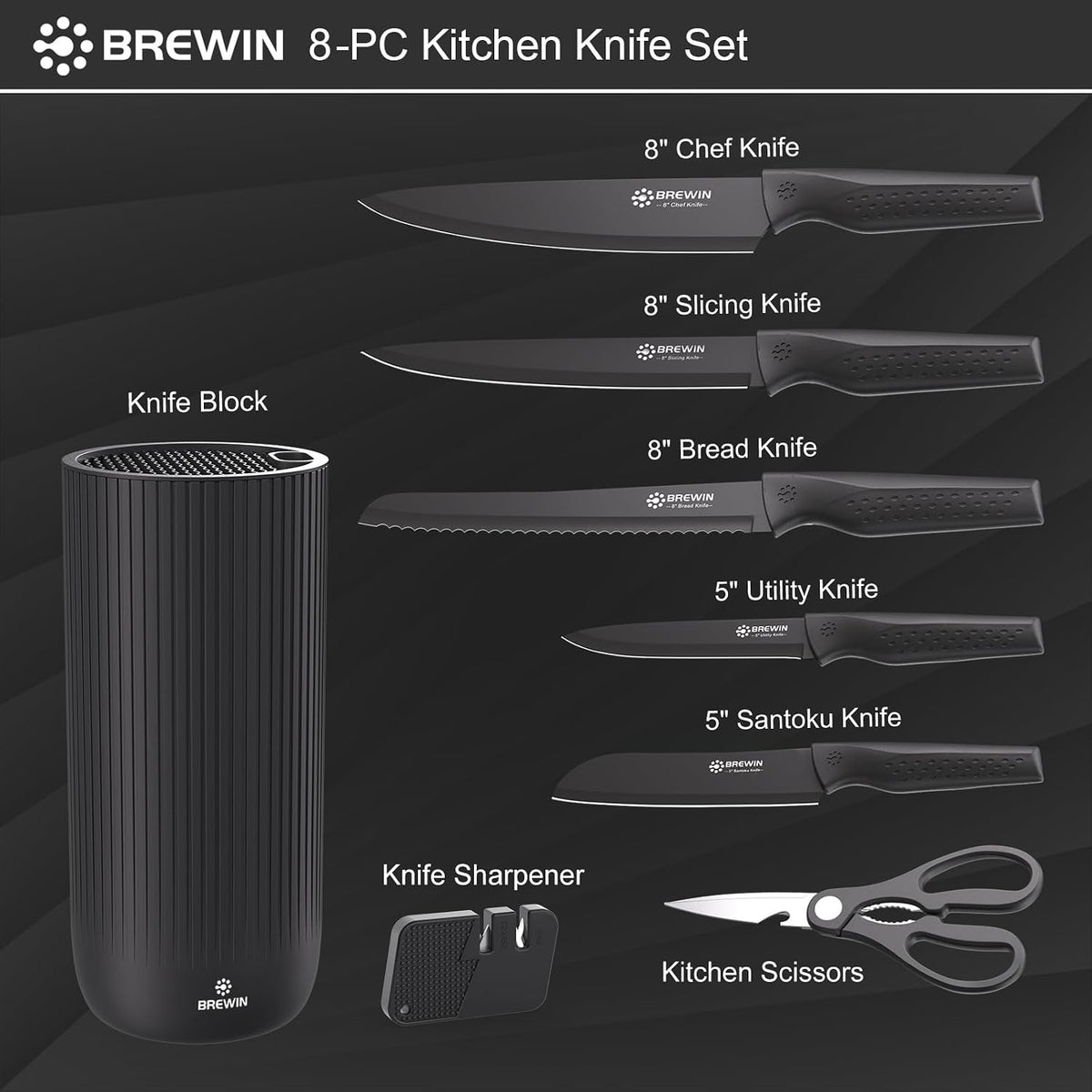 Knife Set, Brewin Kitchen Knife Set, Knives Set for Kitchen, Universal Knife Block, Utility Knife Block Set, New Home Essentials, Apartment Essentials, Camping Essentials, RV Essentials
