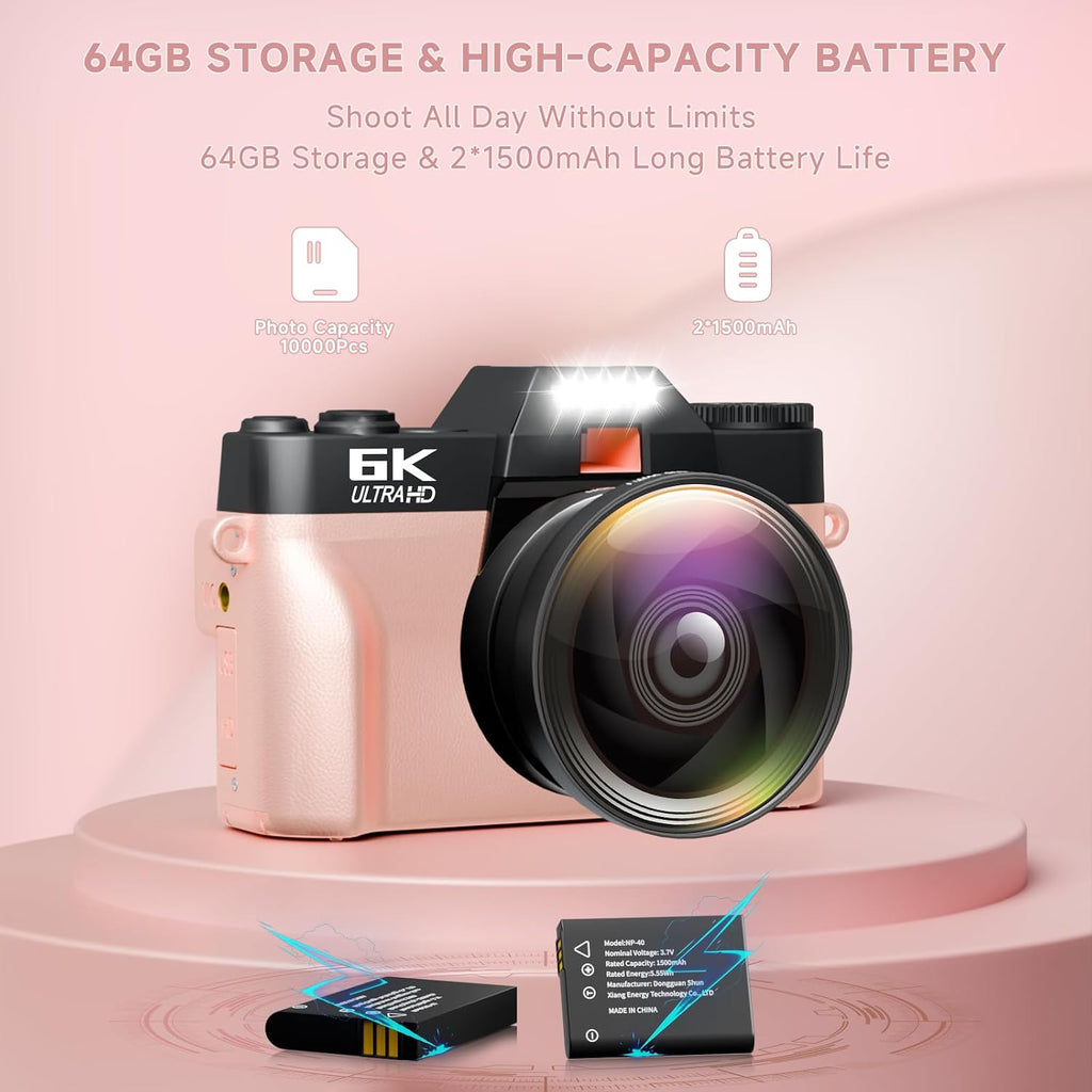 6K Digital Camera for Photography Autofocus, 64MP WiFi Vlogging Camera for YouTube with 3" 180° Flip Screen 16X Zoom, 64GB SD Card & 2 Batteries Pink Compact Travel Camera for Beginners Teens