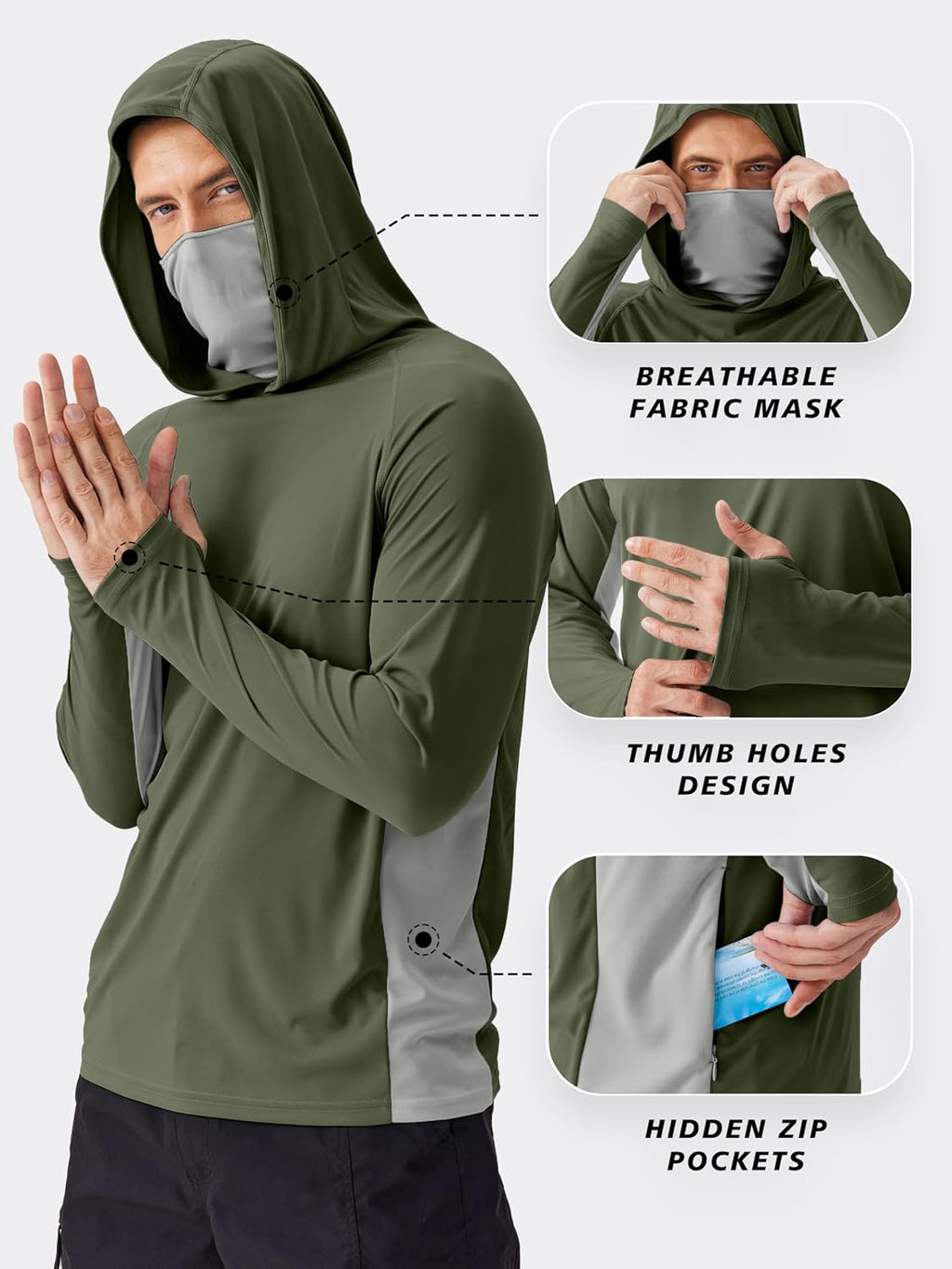PINSPARK UPF 50+ Sun Hoodie Long Sleeve Fishing Shirts for Men with Mask