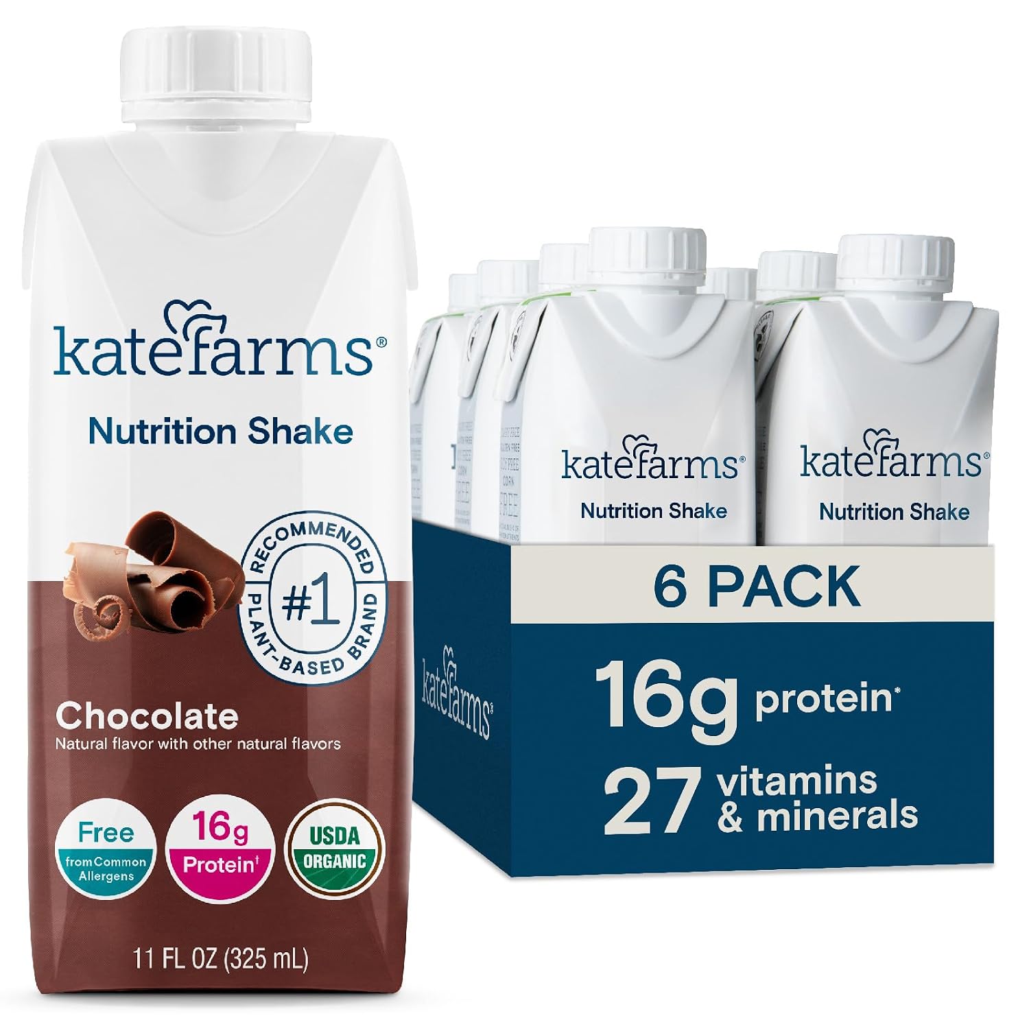 KATE FARMS Organic Nutrition Shake, Chocolate, 16g Protein, 6 Pack