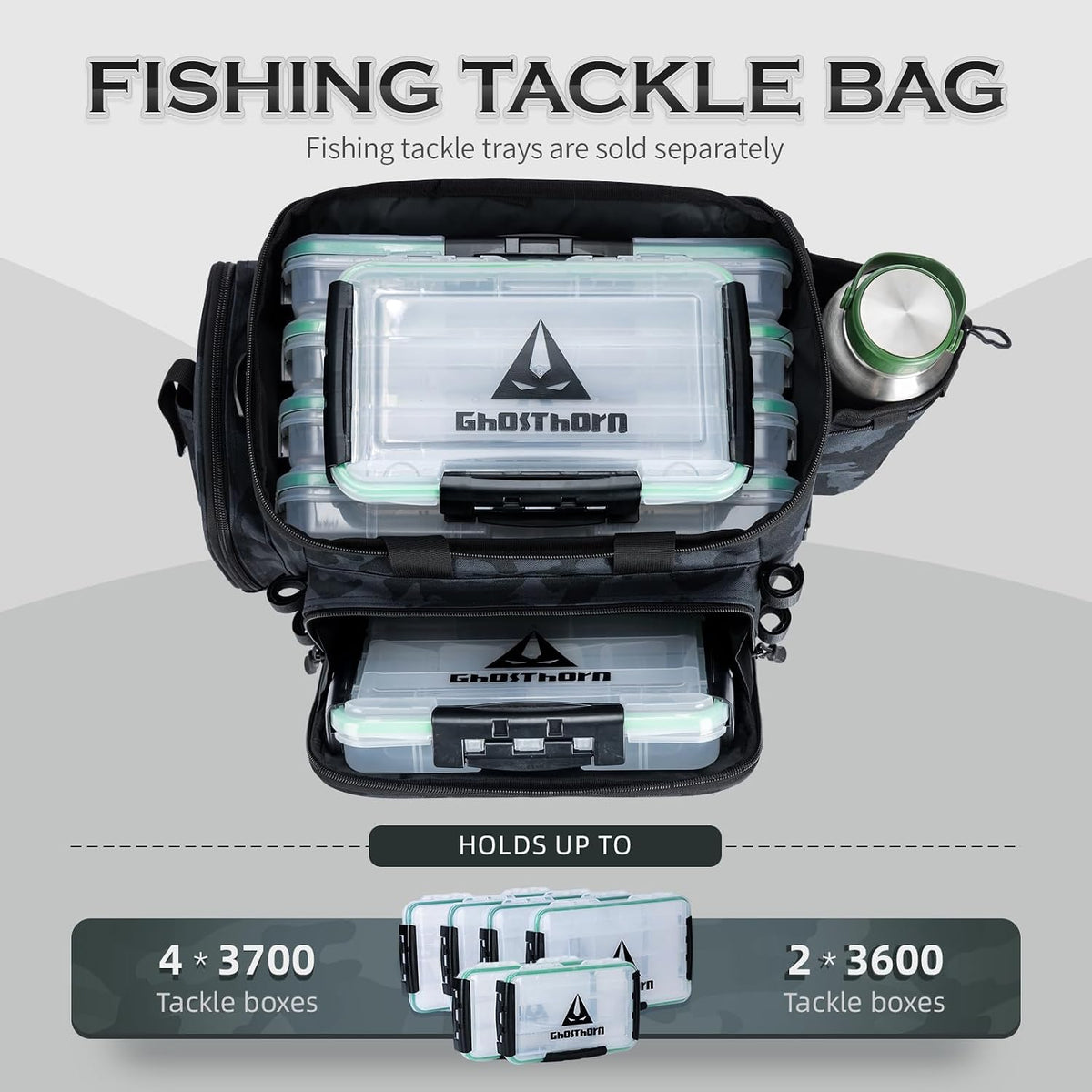 Ghosthorn Large Fishing Tackle Bag with Rod Holder Waterproof Gear Storage