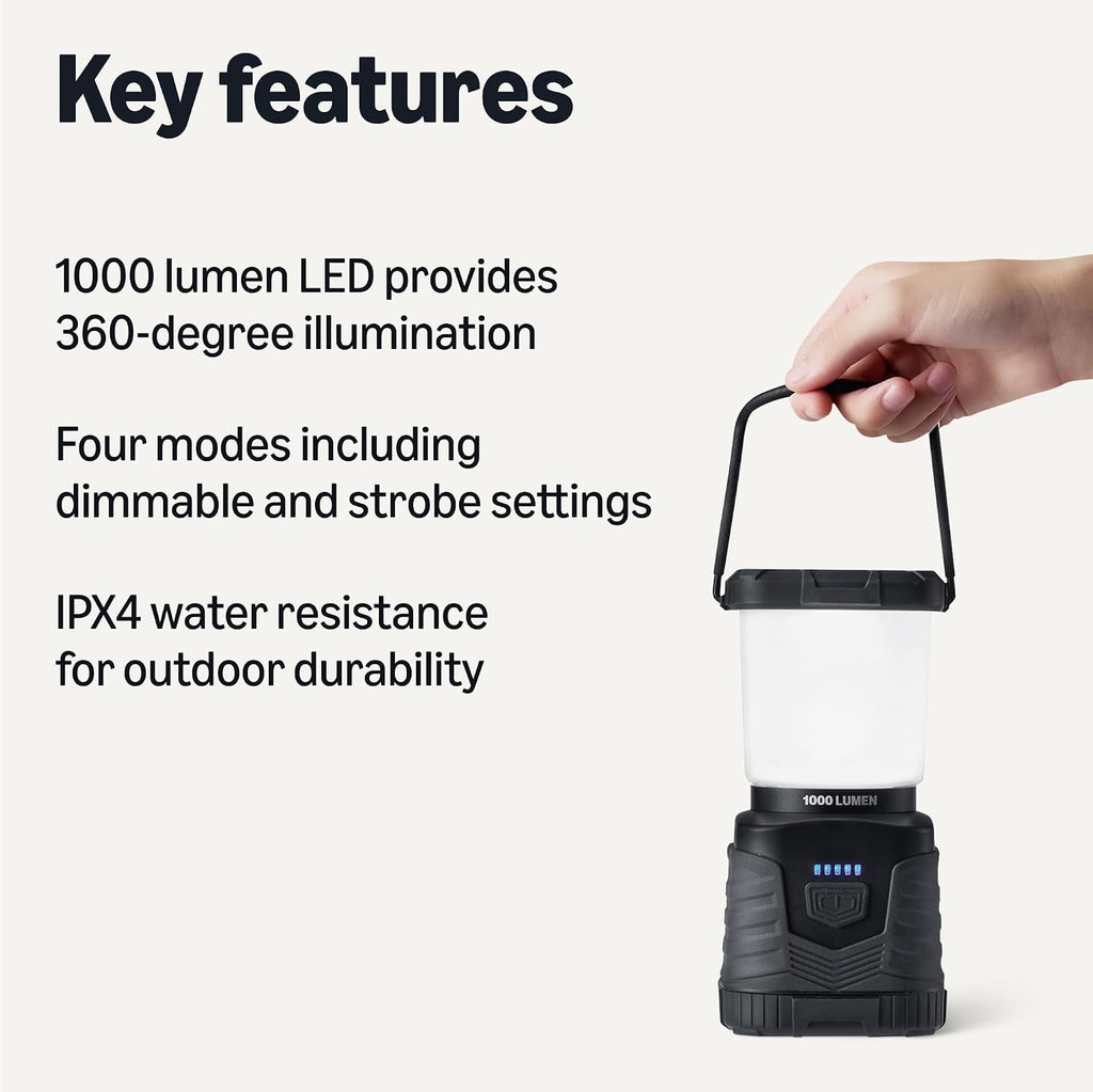Amazon Basics Camping Essentials Lantern, 360-Degree 1000 Lumen LED, Adjustable Dimmable with 4 Lighting Modes, Water Resistant IPX4, Black (Batteries Not Included)