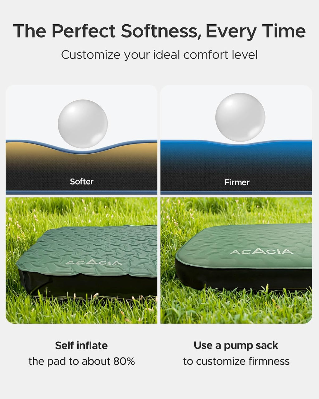 Acacia 4" Thick Self Inflating Sleeping Pad with Foam, Innovative Y-Shaped Telescopic Structure, Ultraportable Camping Air Mattress with Pump Sack, Easy Roll Up Sleep Bed for Travel Tent Car