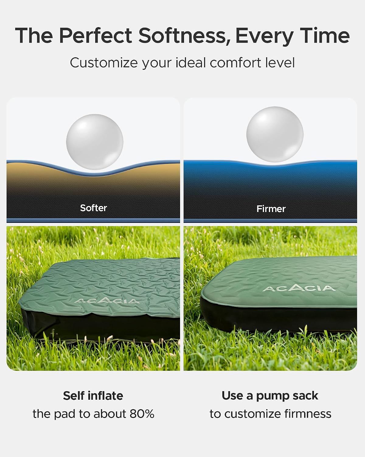 Acacia 4" Thick Self Inflating Sleeping Pad with Foam, Innovative Y-Shaped Telescopic Structure, Ultraportable Camping Air Mattress with Pump Sack, Easy Roll Up Sleep Bed for Travel Tent Car