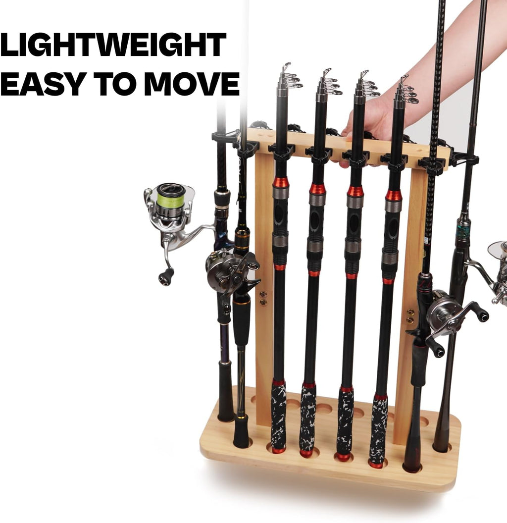 VEYWANE Fishing Rod Storage Racks, 100% Wood Floor Stand Fishing Pole Holders for Garage of 14 Rods or Combos