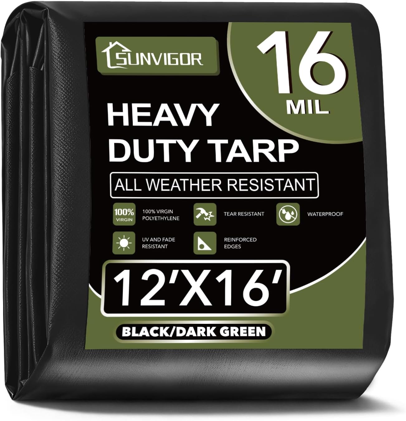 Sunvigor Tarp Waterproof 16x20Ft, Extra Thick 16 Mil Heavy Duty Tarp Cover, Tear & Fade Resistant, Outdoor Tarps with Brass Grommets and Reinforced Edges for Roof, Camping, Patio, Boat (Silver/Black)
