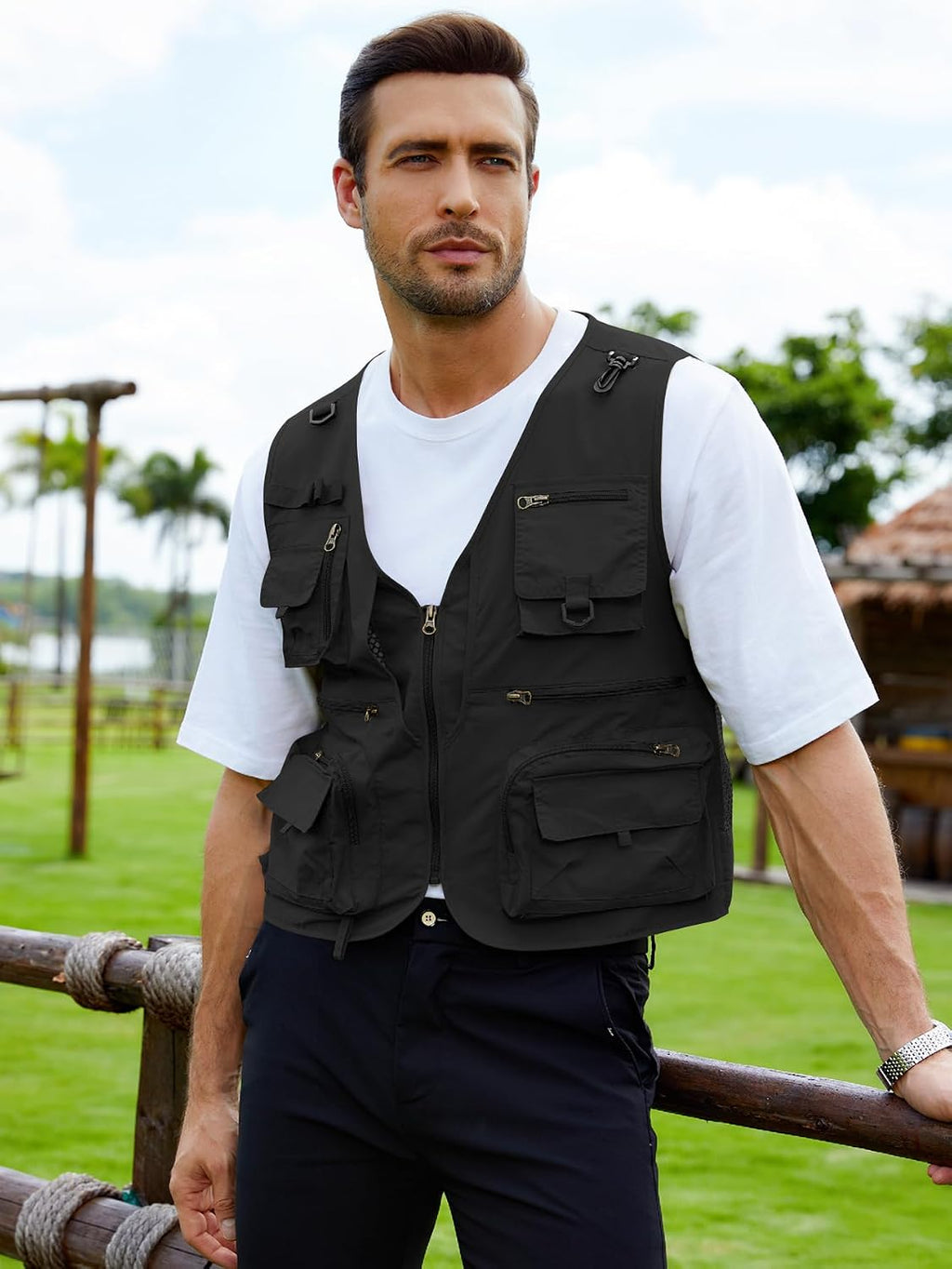 Gihuo Mens Fishing Vest Lightweight Utility Vests Cargo Outdoor Safari Travel Vest with Pockets