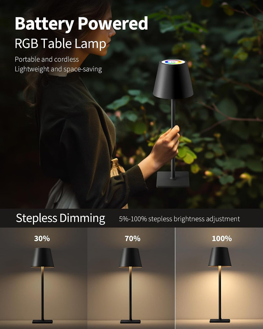 KDG 2 Pack Cordless Black Table Lamps, RGB Color Stepless Dimming Desk Lamp