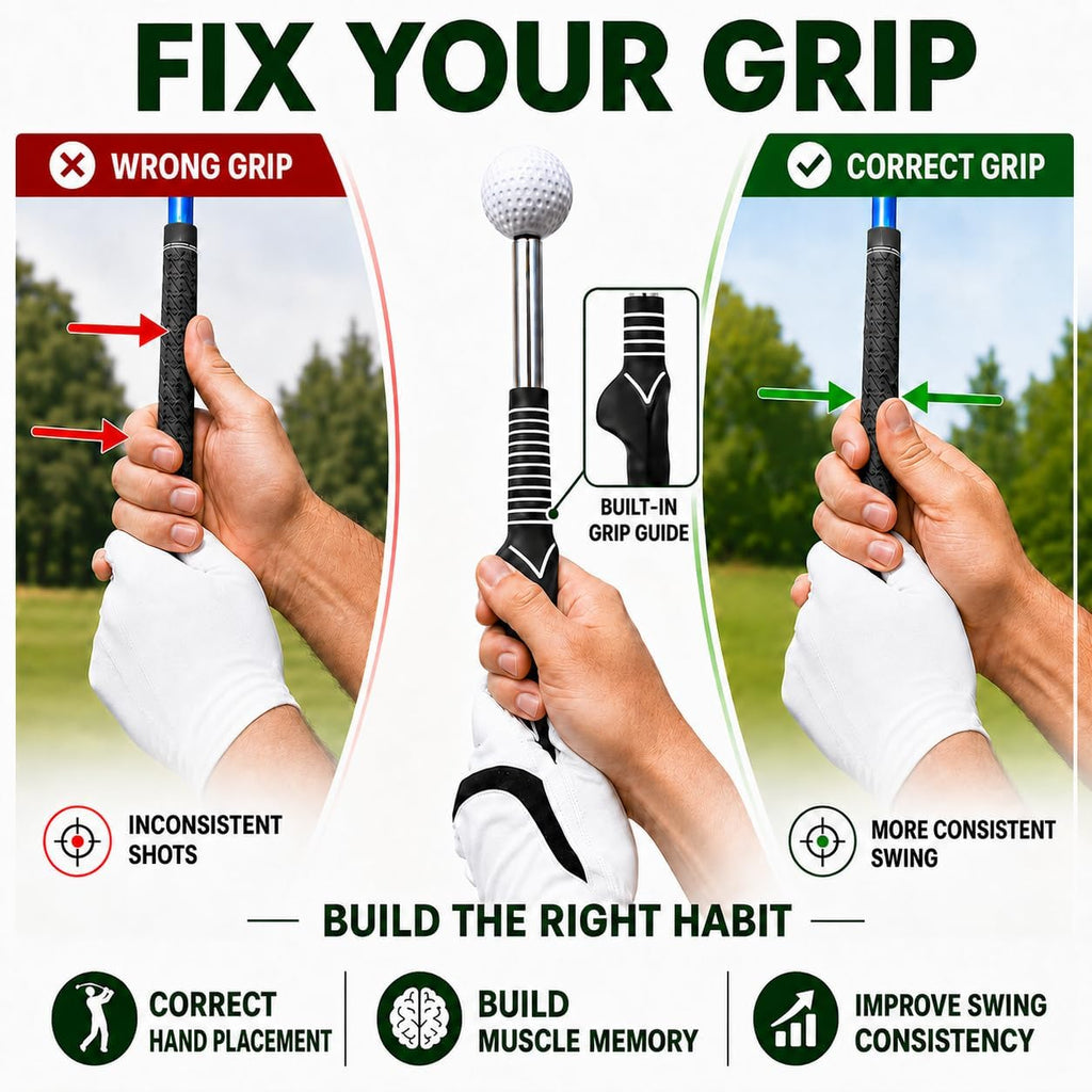 5-in-1 Retractable Golf Swing Trainer, Training Aid with Grip Trainer, Grip Correction for Beginners & Tempo Training for Advanced, Click Feedback, Right/Left-Handed