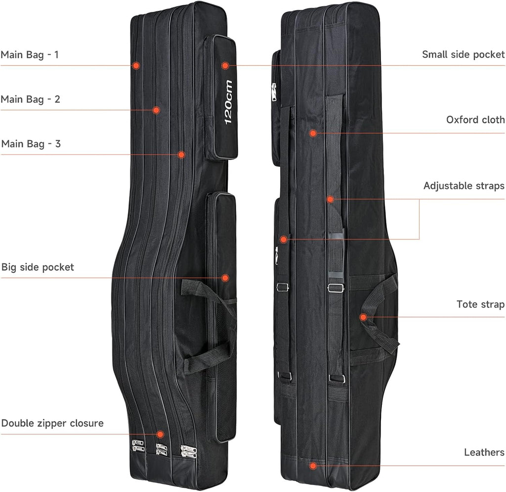 3 Layers Fishing Pole Bag,Portable 3 Layers Oxford Folding Rod Carry Case,Fishing Reel Tackle Storage Bag Case