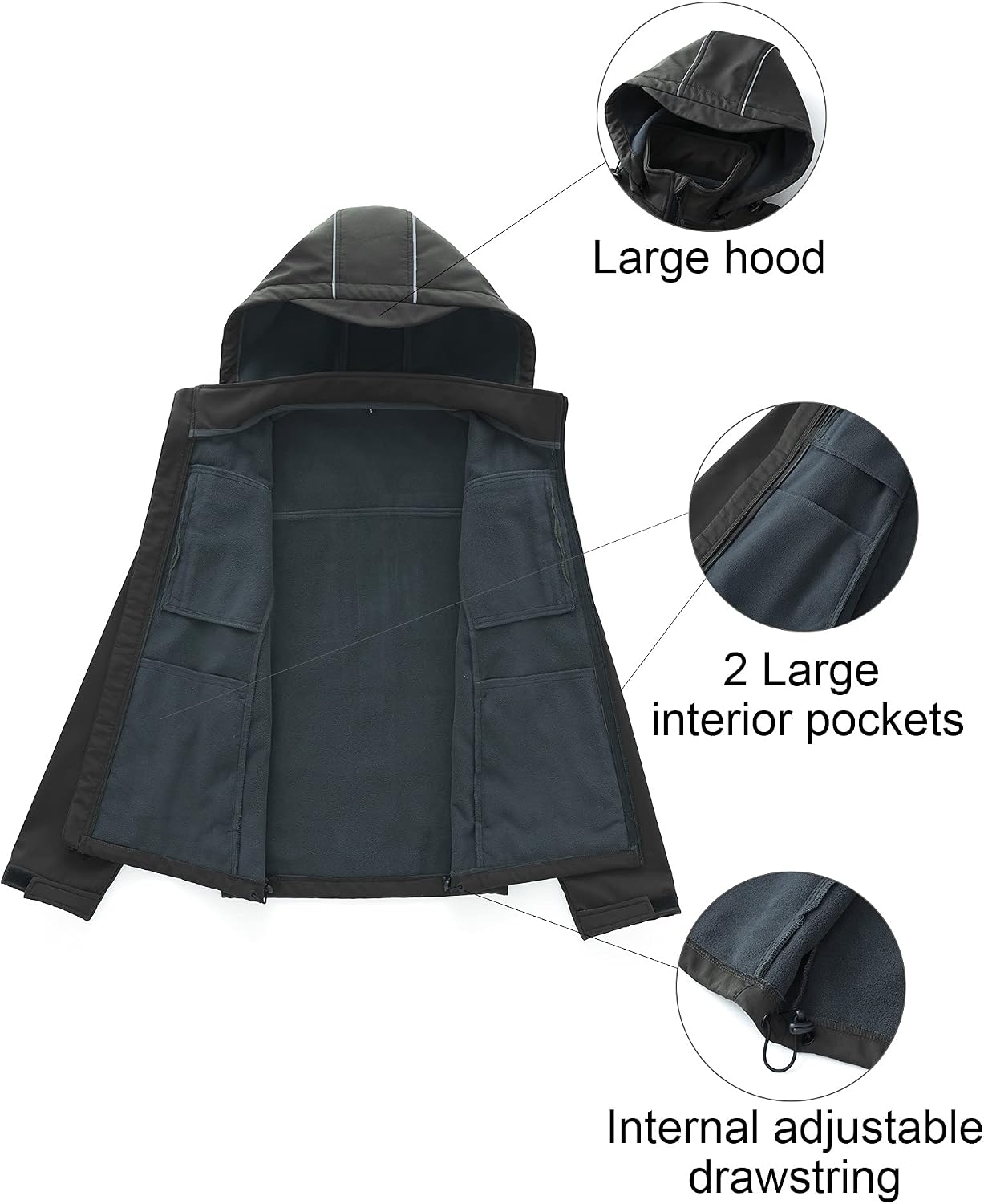CREATMO US Men's Softshell Military Jacket With Removable Hood, Fleece Lined and Water Repellent Outdoor Reflective Coat