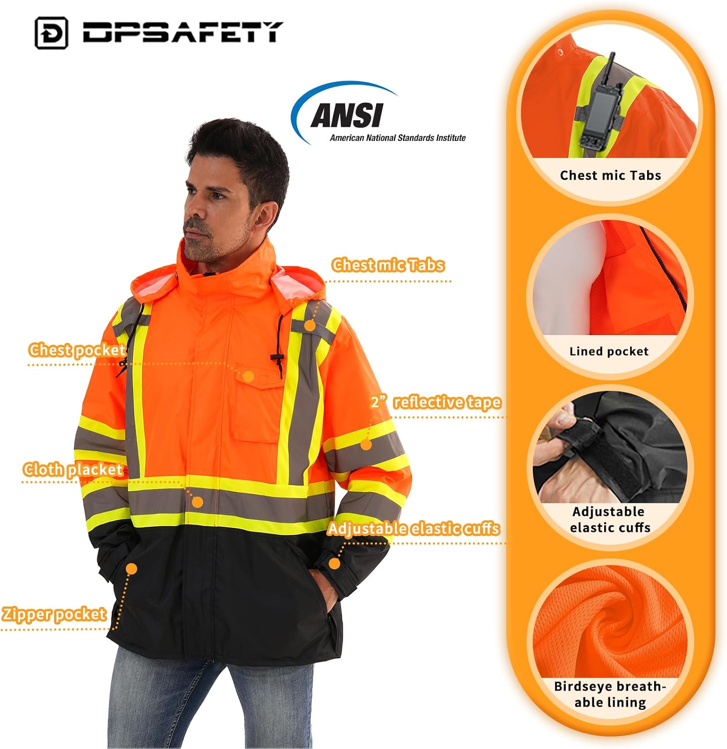 Reflective Rain jackets for men waterproof,Hi Vis Safety Coat With Reflective Strips，High Visibility Class 3 Rain jackets With 2 large pockets，Zipper,Orange,LG/XL