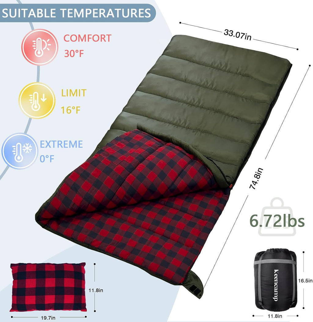 Keencamp 0 Degree Sleeping Bag Cotton Flannel Winter Cold Weather for Adults XXL Sleeping Bag 4 Season Big and Tall with Pillow Compression Sack