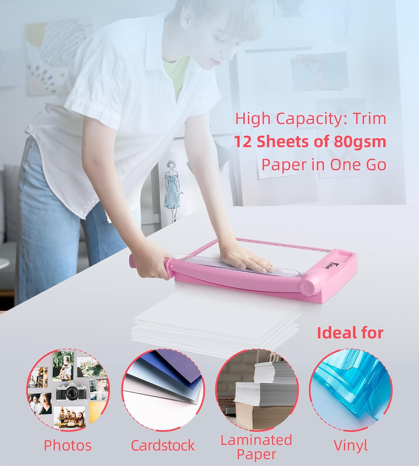 Firbon 12 Inch Guillotine Paper Cutter, Heavy Duty Paper Trimmer, Pink