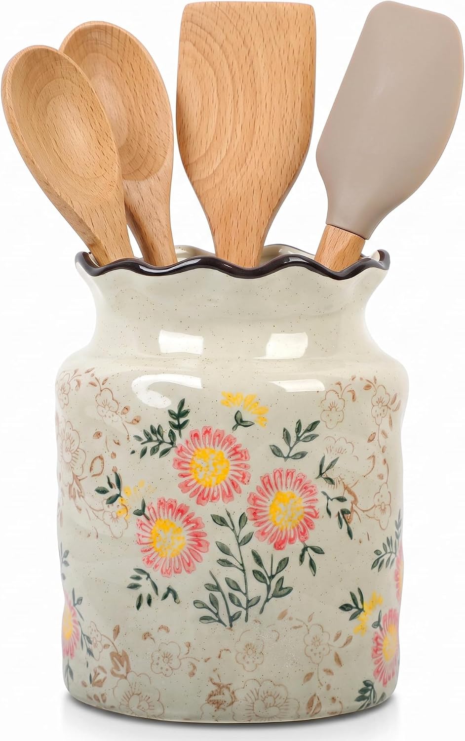 Ceramic Utensil Holder for Kitchen Counter, Vintage Floral Farmhouse Décor