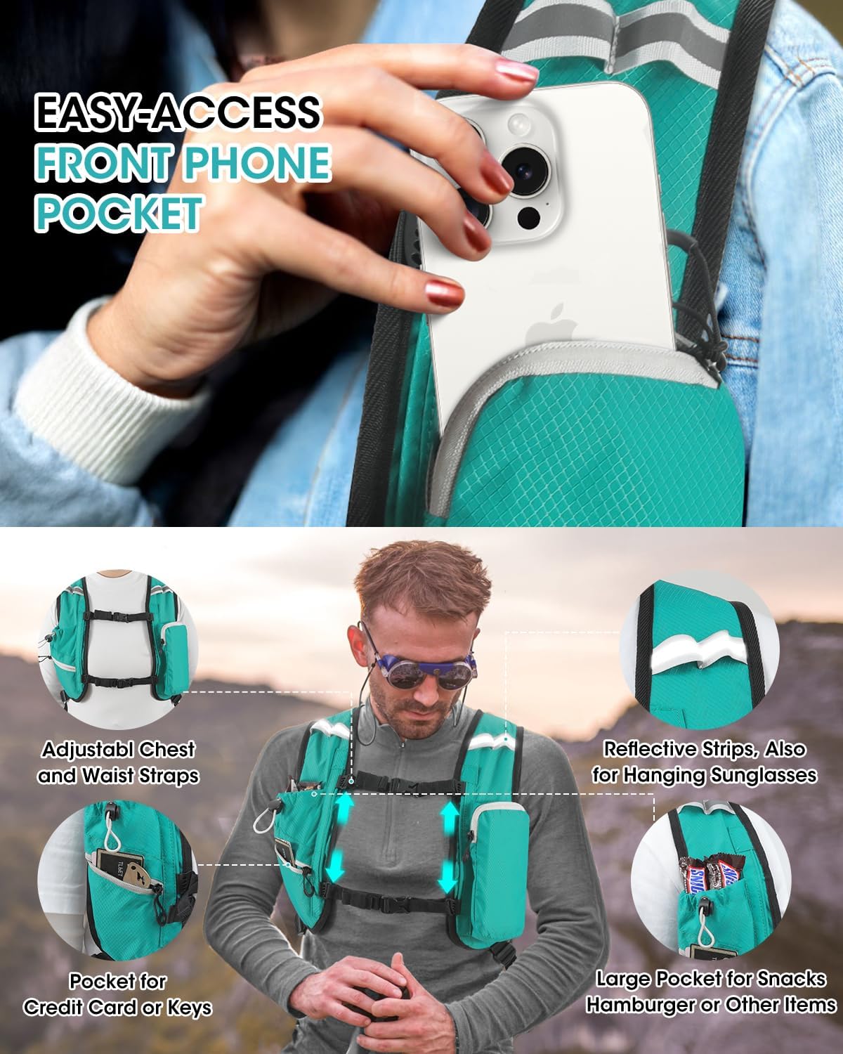 Foldable Small Hiking Backpack with 3 Strap Pockets – Lightweight 300D Spill-proof Daypack for Men Women – Packable Small Travel Backpack with Chest Strap & Trekking Pole Holder – Durable Outdoor Bag