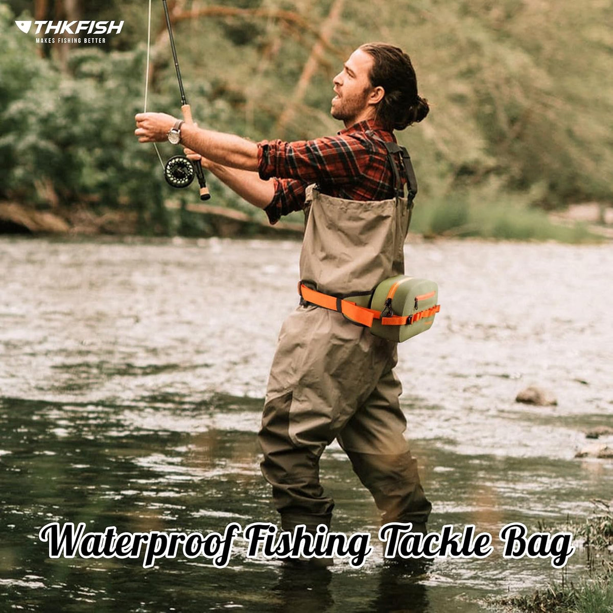 THKFISH Waterproof Fishing Waist Pack, Large Fishing Tackle Bag with Adjustable Strap, Airtight Zipper Closure, Lightweight Sling Fishing Waist Bag for Fly Fishing, Brown