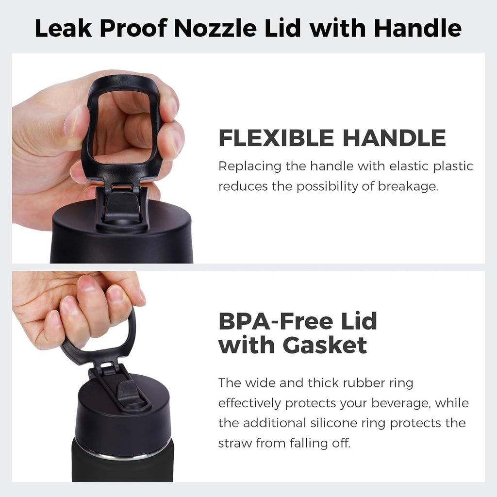 Neihepal 22 oz Insulated Water Bottles with Leak Proof Straw Lid, Wide Mouth Double Walled Vacuum Stainless Steel Metal Water Bottle (Black,2 Pack)