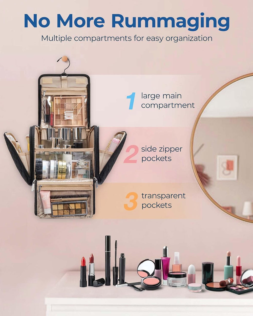 BAGSMART Toiletry Bag for Women, Travel Toiletry Bag Makeup Cosmetic Bag with Hanging Hook, Water-resistant for Toiletries Accessories Brushes Sponge