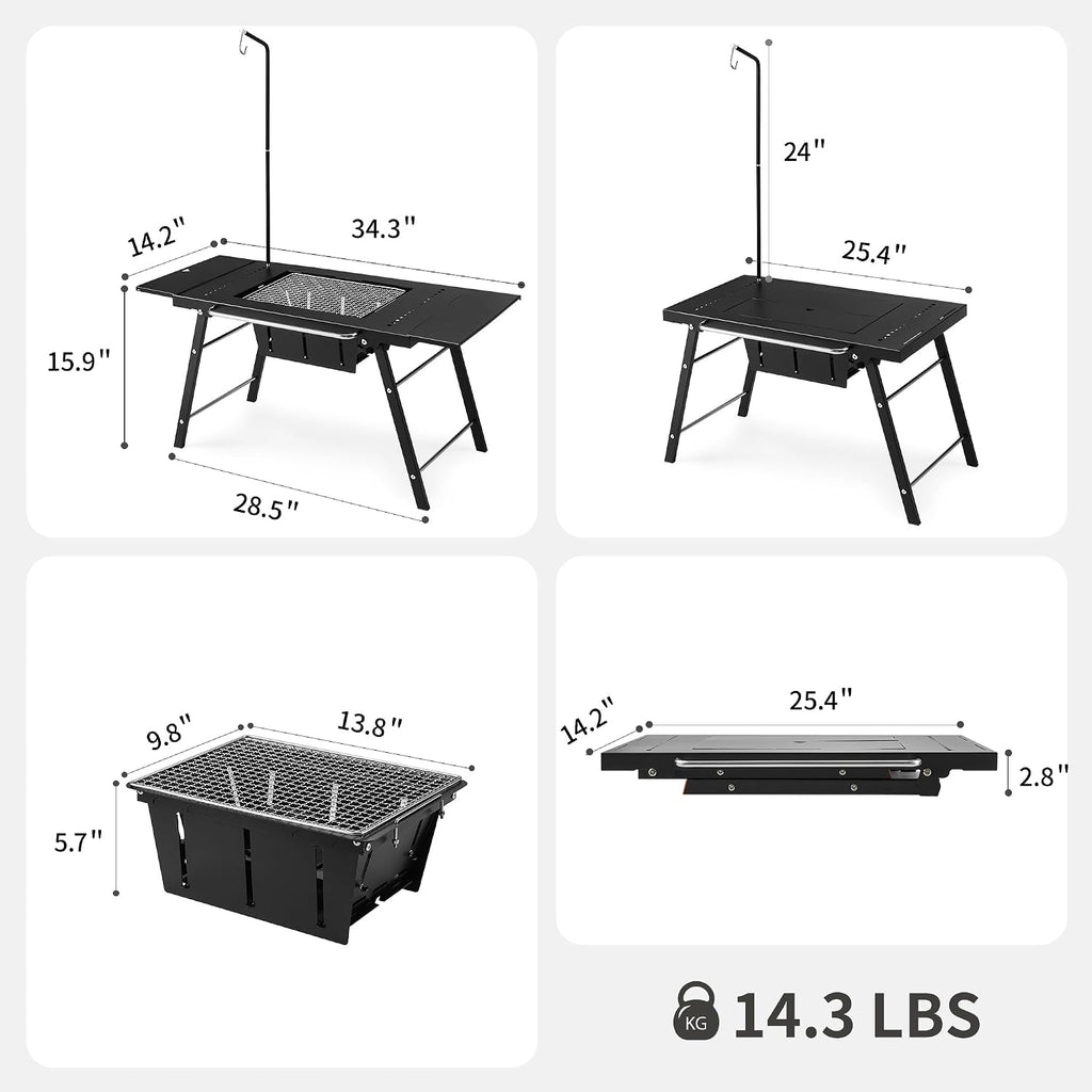 Naturehike Portable IGT Table with Charcoal Grill, Folding Camping Table and BBQ Grill with Desk Extension & Lantern Stand, Perfect for Outdoor Barbecue Camping Cooking Travel Picnic