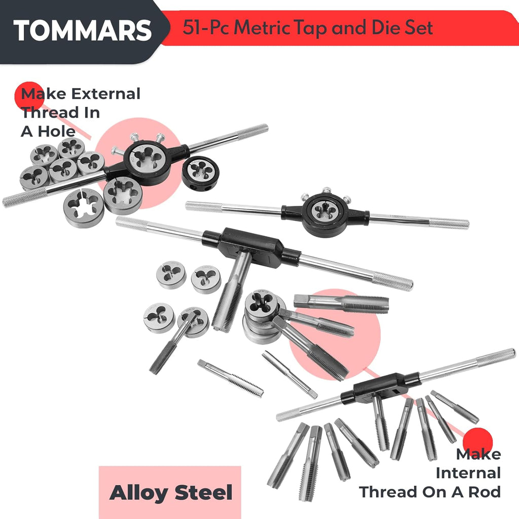 TOMMARS 51Pcs Jumbo Tap and Die Set, M6-M24 Metric Threading