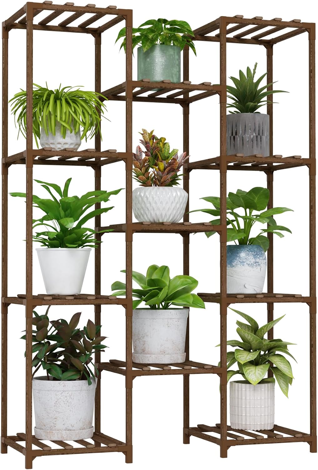 Bamworld Plant Stand Indoor Outdoor Tall Plant Shelf for Multiple Plants Pots Wood Flower Stand Large Flower Holder for Living Room, Patio, Balcony, Garden Decor, Brown