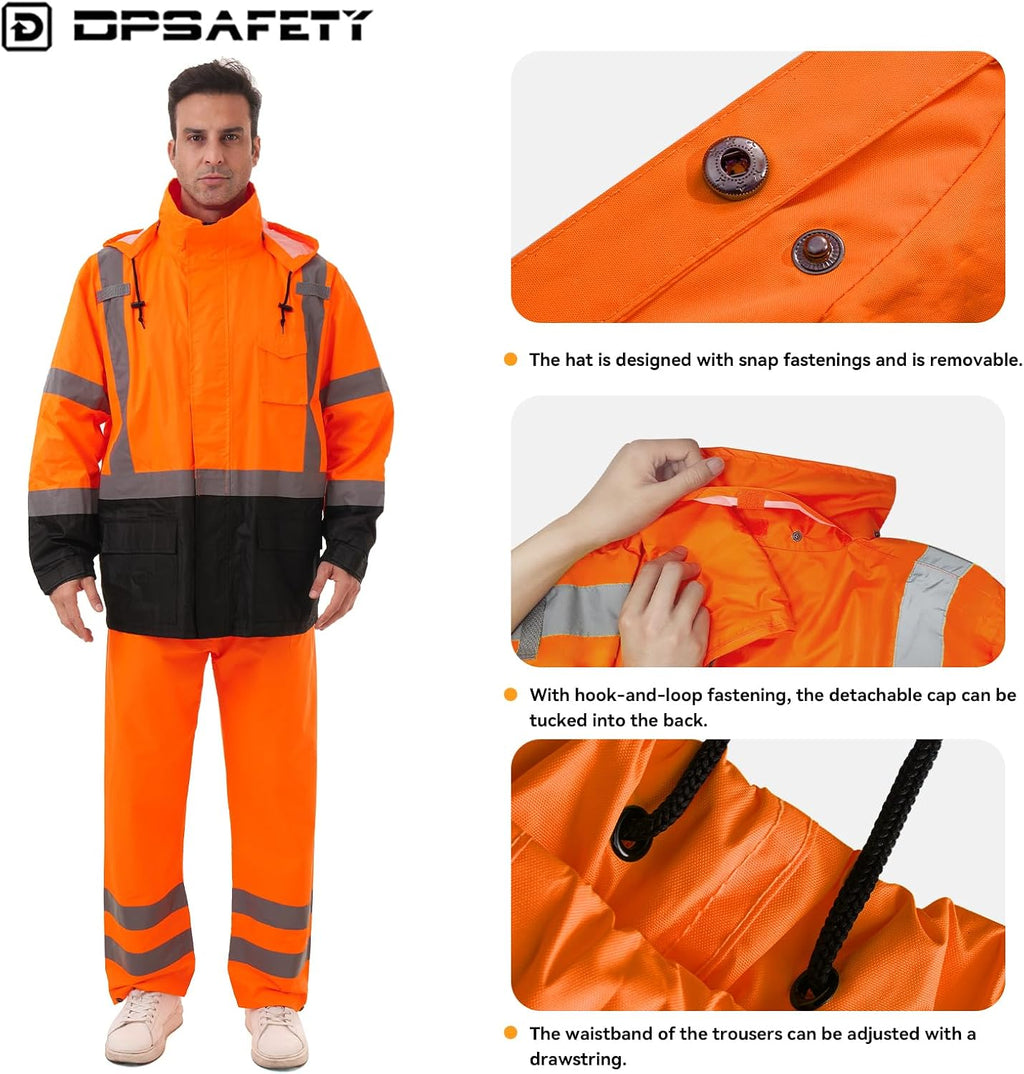 Hi Vis Safety rain Jacket，Reflective Class 3 Rain coat with Inner Mesh Lining and Pockets High Visibility Waterproof work Rain Suits for men&women（Tangerine,4XL/5XL）
