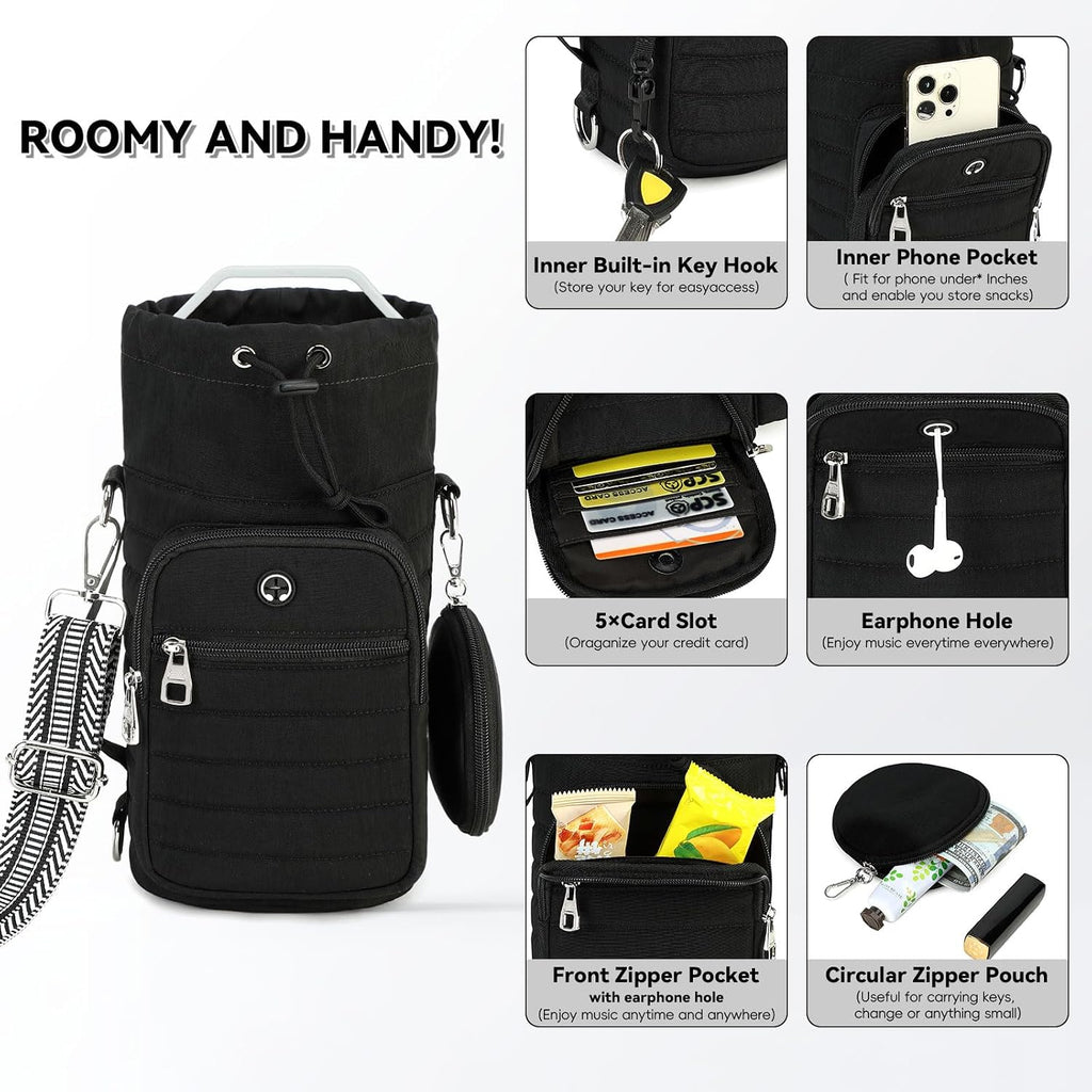 Water Bottle Carrier Bag with Strap Phone Pocket for Walking, Hiking, Cycling