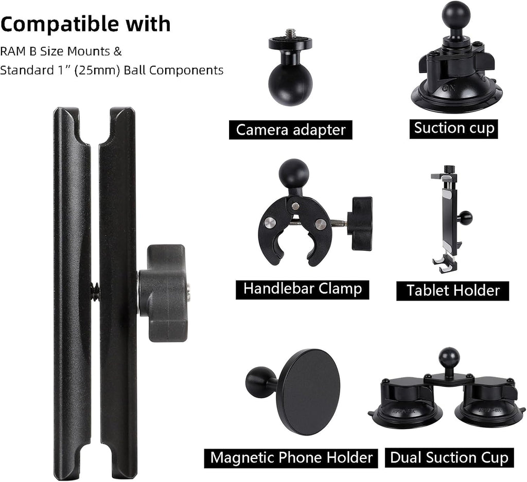 Double Socket Arm Aluminum Alloy Long Arm Full Length 5.9",Compatible with RAM Mounts and Motorcycle/Bike/Car Cellphone Holder with 1 Inch Ball