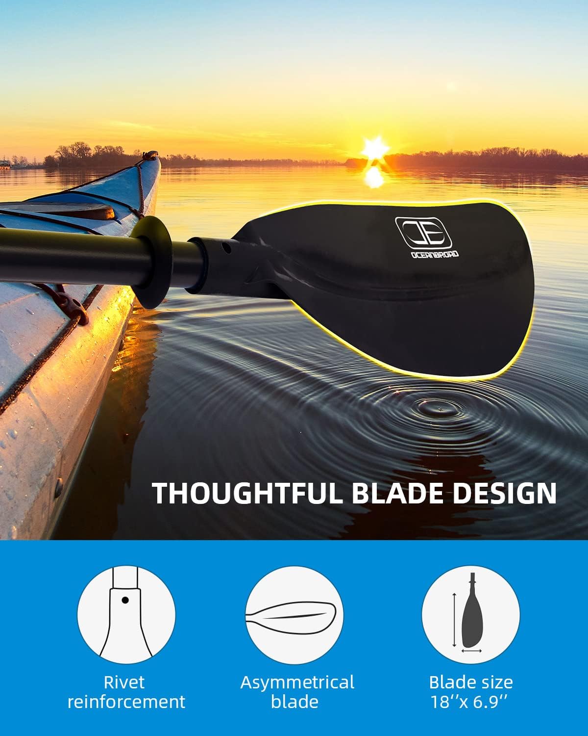 OCEANBROAD Adjustable Kayak Paddle 86in/220cm to 94in/240cm Kayaking Boating Canoeing Oar with Paddle Leash 1 Paddle