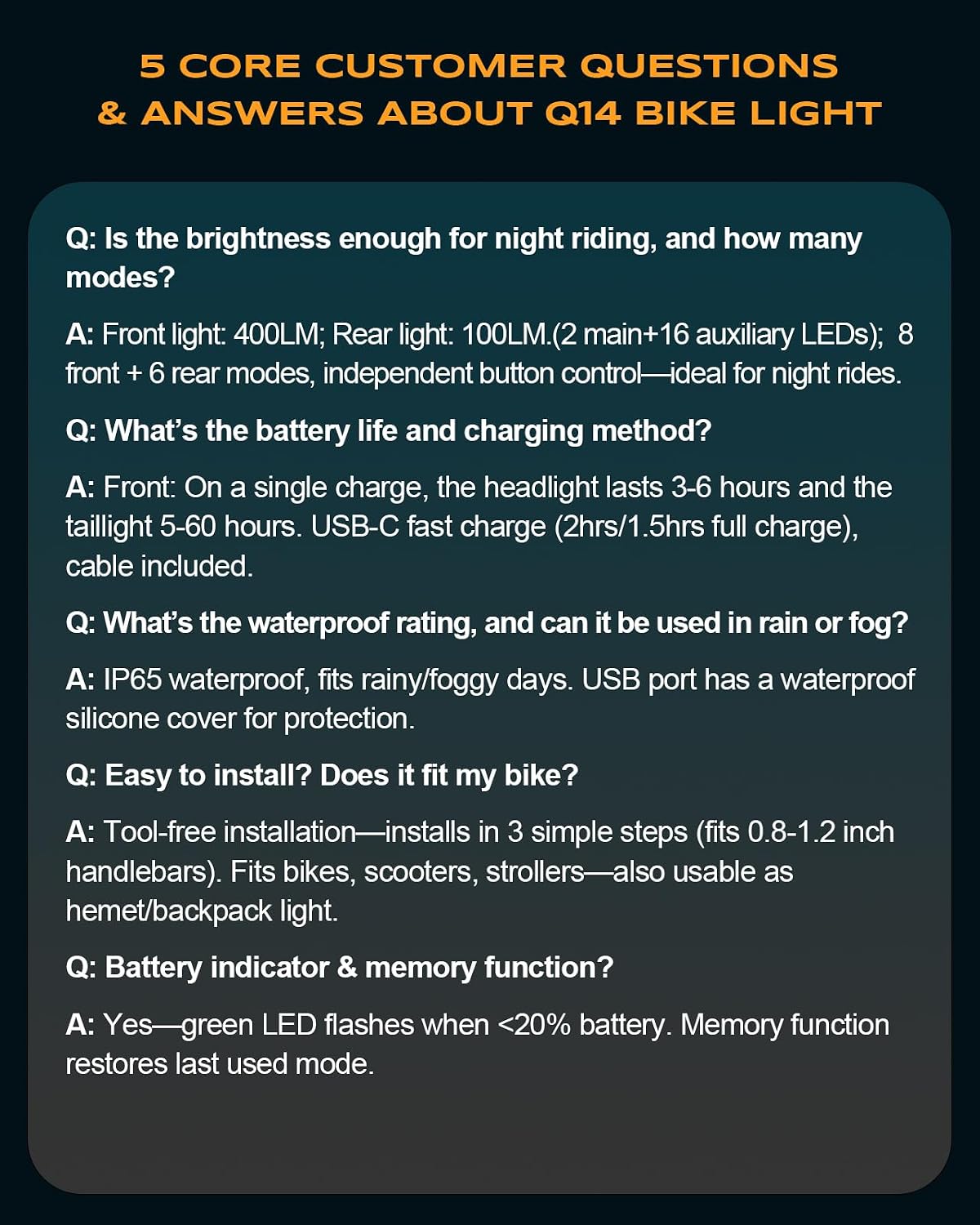 WOCBUY Bike Lights, Ultra-Slim & Lightweight Rechargeable Bicycle Lights Set, [5+6 Modes] Dual USB-C Bike Lights Front and Back, IP65 Waterproof Bicycle Lights for Night Riding Road Cycling