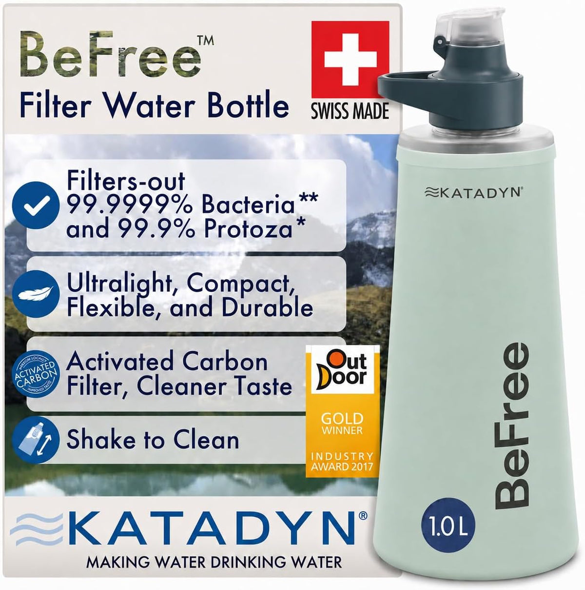 Katadyn BeFree 1L Lightweight Collapsible Water Filter Bottle for Outdoors