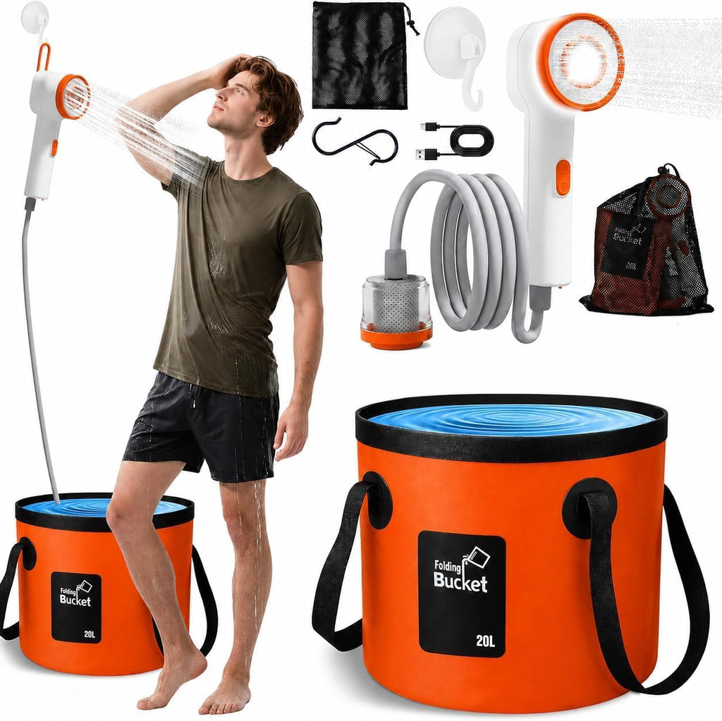 Portable Camping Shower, 6000mah Rechargeable Portable Shower Pump, Large Capacity Foldable Bucket, Filtered Shower Head, Outdoor Shower for Camping, Hiking, RV, Pet Bath, Car Wash, Water Plant