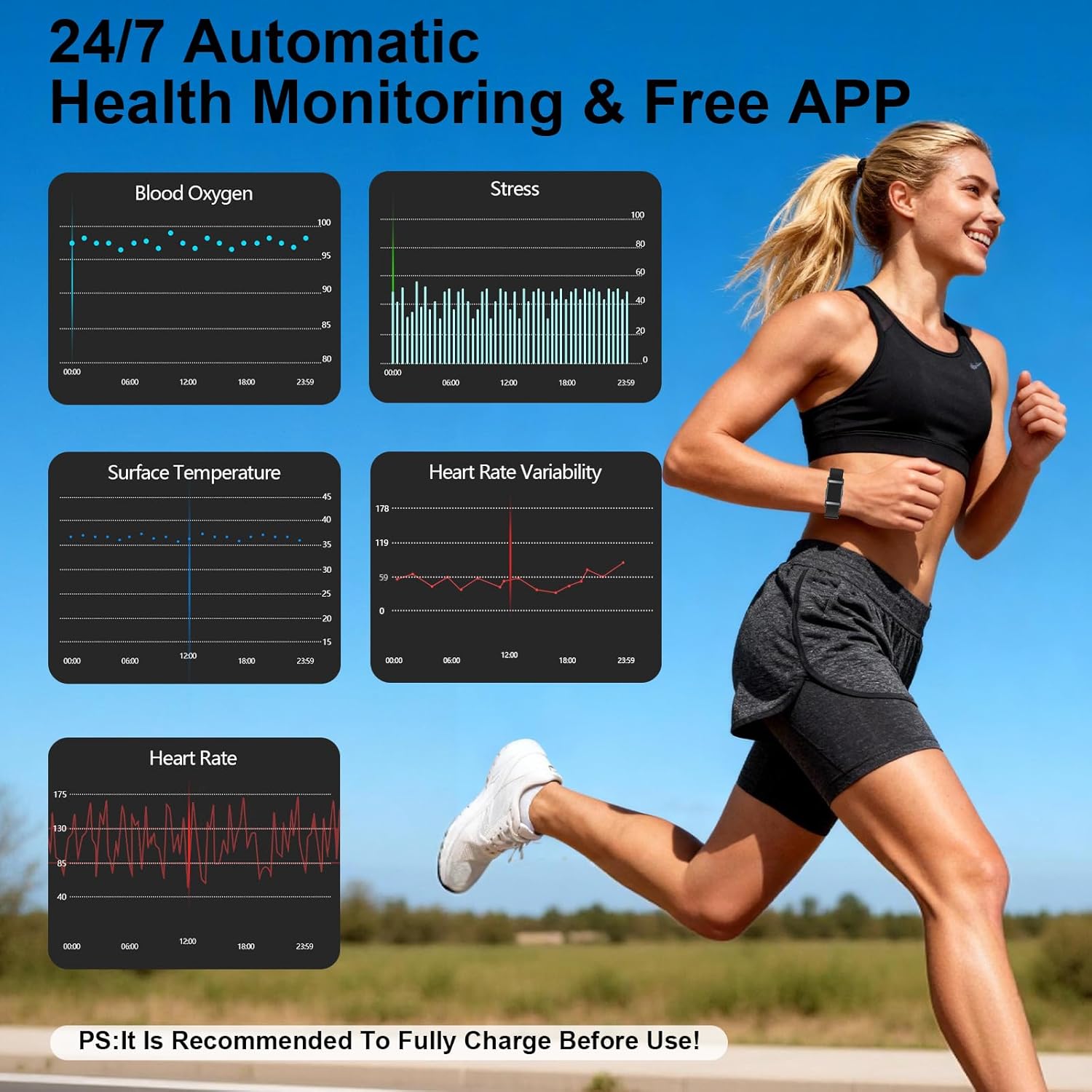 Smart Bracelet Fitness Trackers for Men Women, Smart Watch 24/7 Heart Rate Sleep Stress HRV Monitor, 170+ Sports Modes, 2 Bands, Free APP
