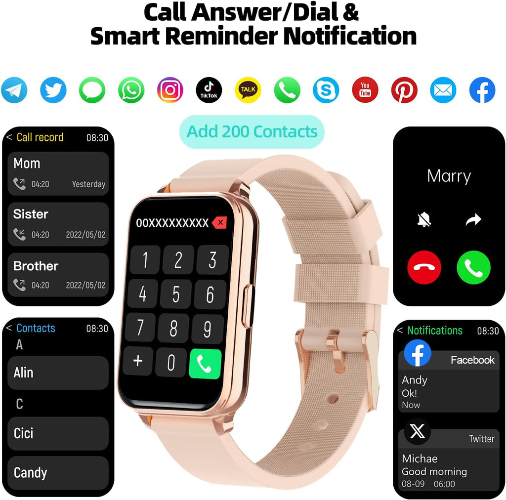 Smart Watch Fitness Tracker Make/Answer calls for Women Men with Heart Rate Blood Oxygen Sleep Monitor Sports Modes Step Calorie Counter IP68 Waterproof for Android Phones iPhone (Rectangle, Pink)