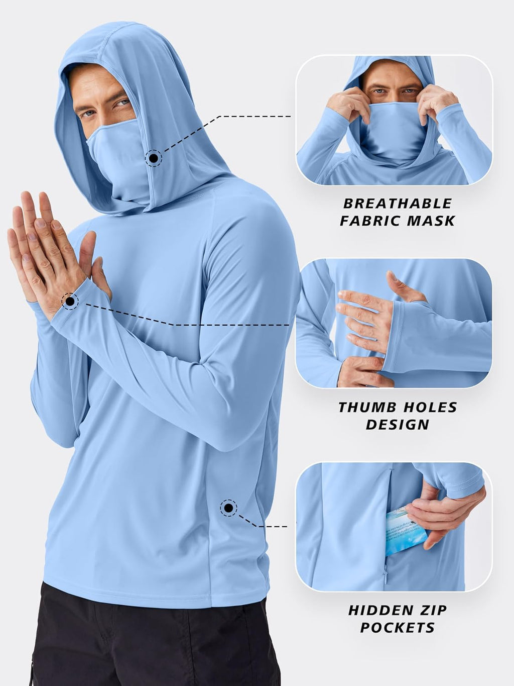 PINSPARK UPF 50+ Sun Hoodie Long Sleeve Fishing Shirts for Men with Mask