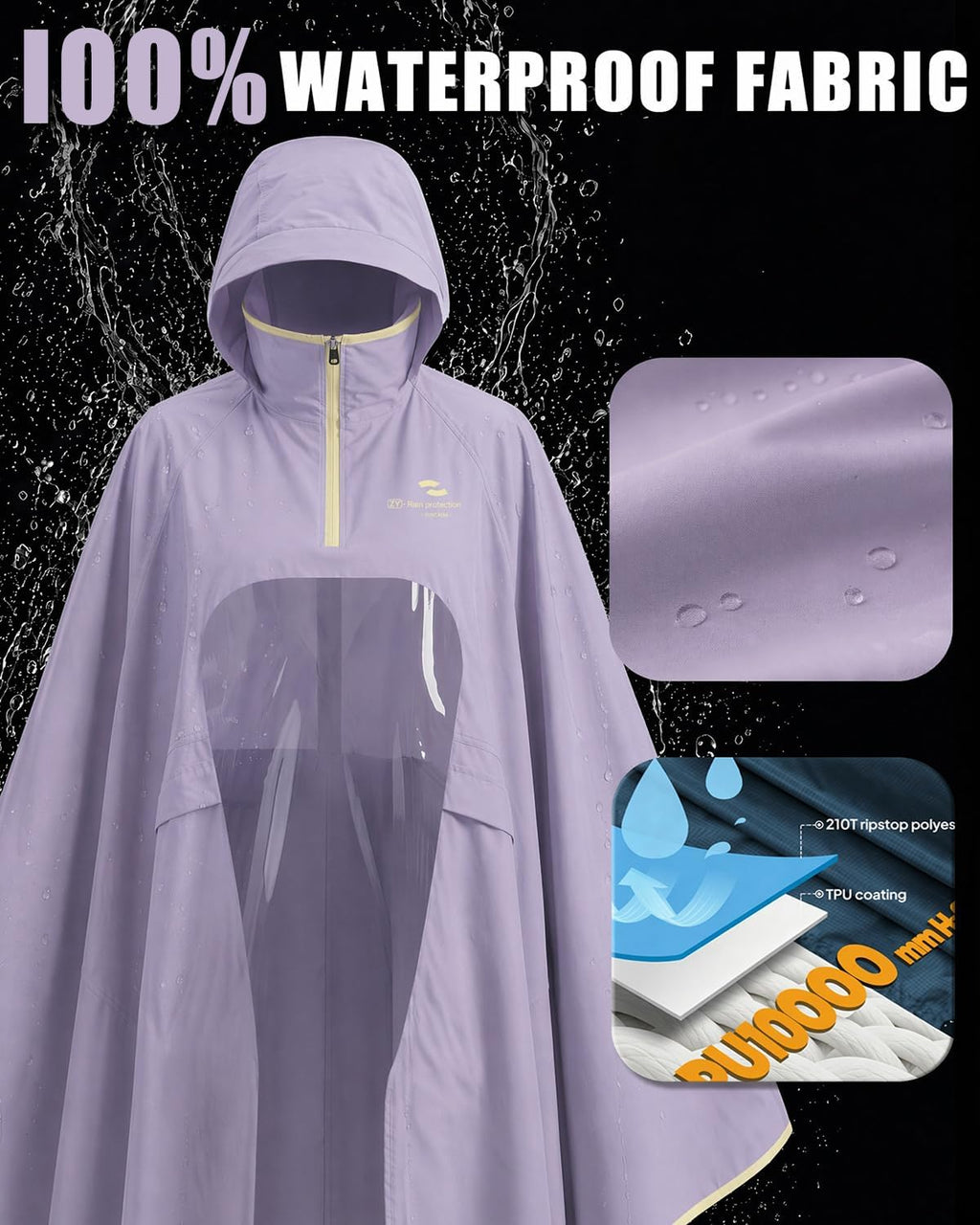 Rain Poncho Waterproof Full Body Long Hooded with Double-Face Visor Mask, Packable Raincoat for Cycling, Hiking