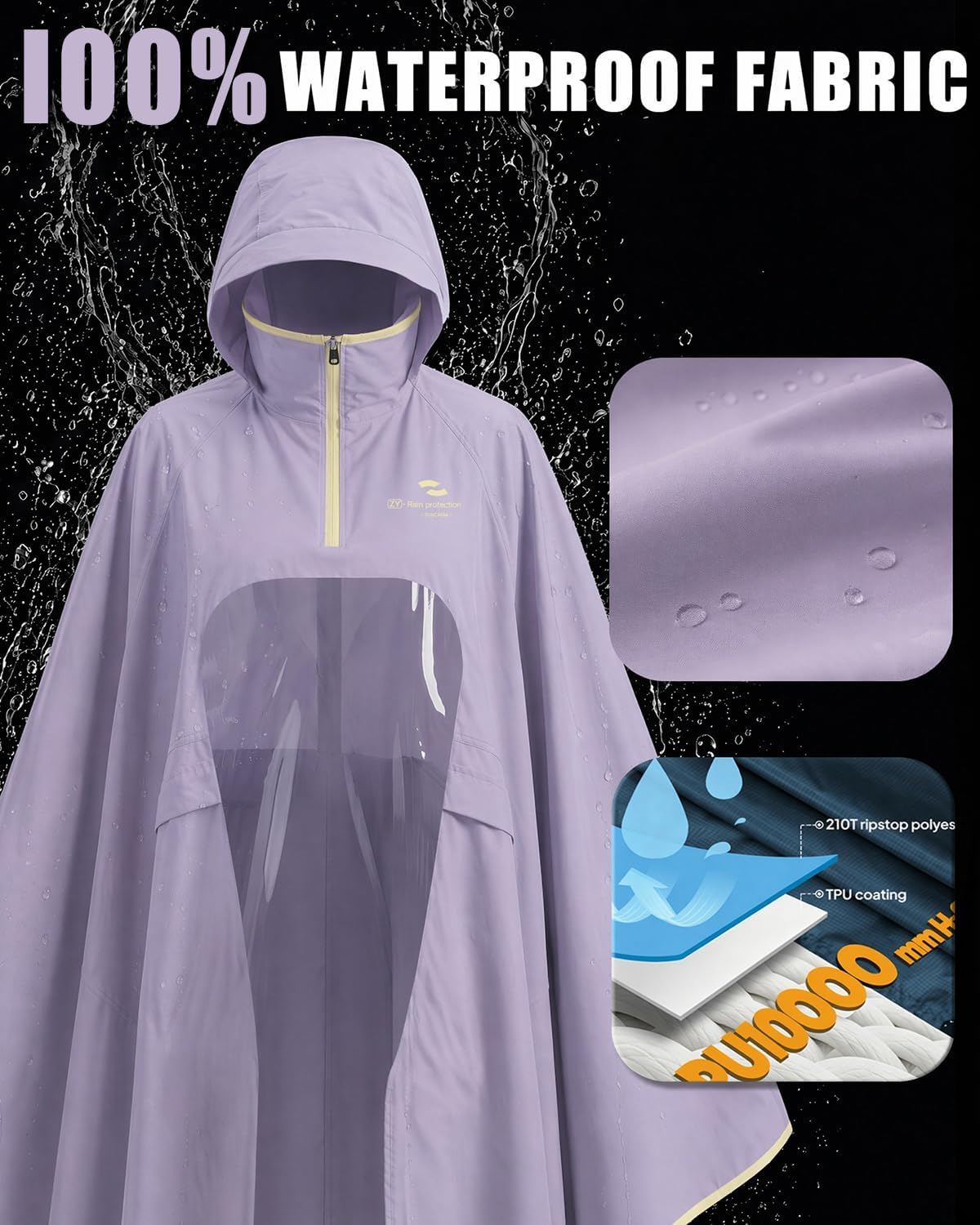 Rain Poncho Waterproof Full Body Long Hooded with Double-Face Visor Mask, Packable Raincoat for Cycling, Hiking