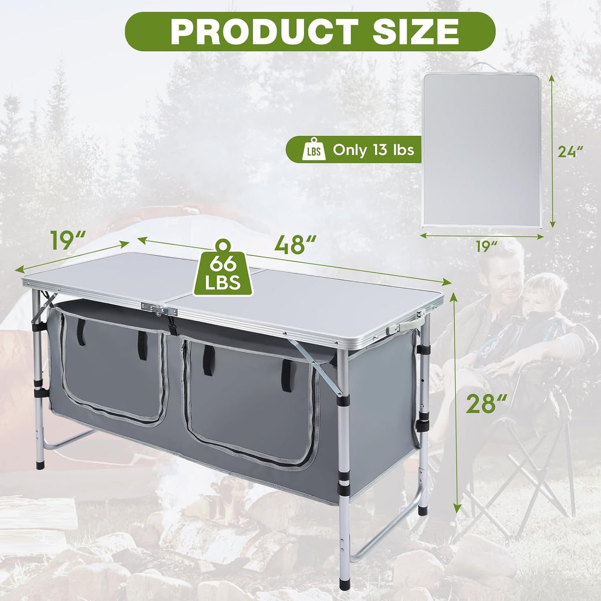 Outdoor Folding Camping Table with Storage Organizer(Grey)